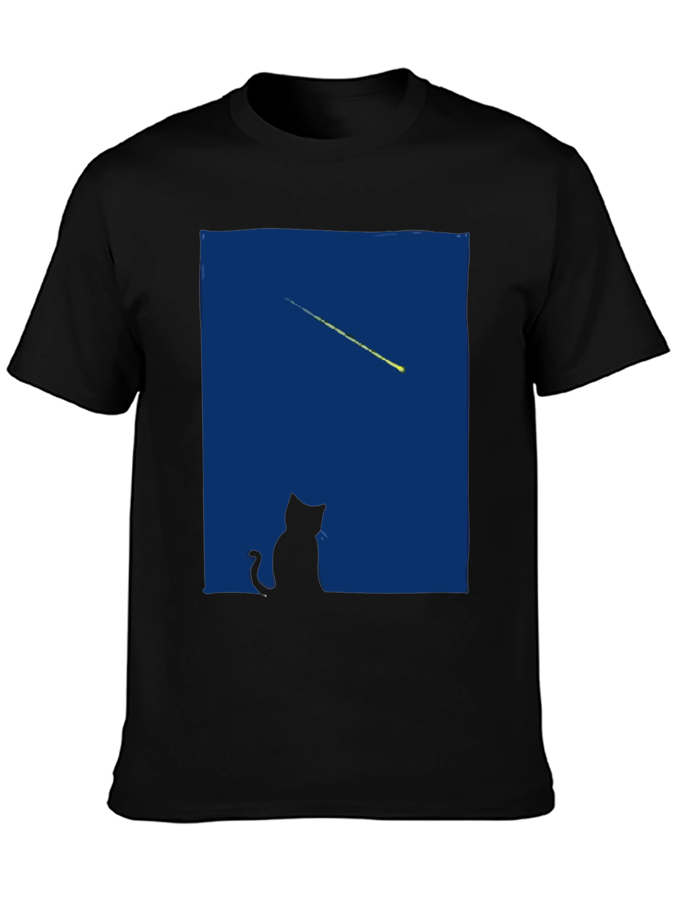 Cat Gazing at Shooting Star T-Shirt - Black