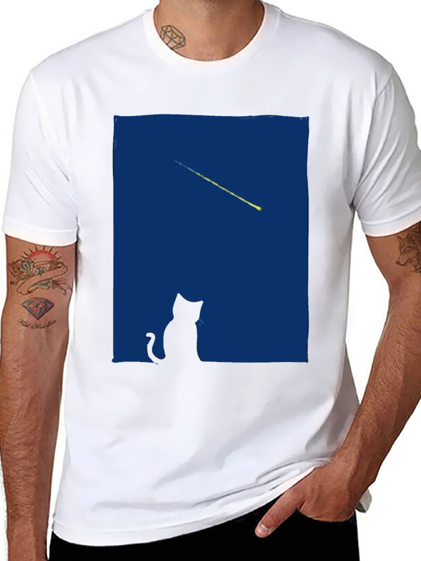 Cat Gazing at Shooting Star T-Shirt - Black