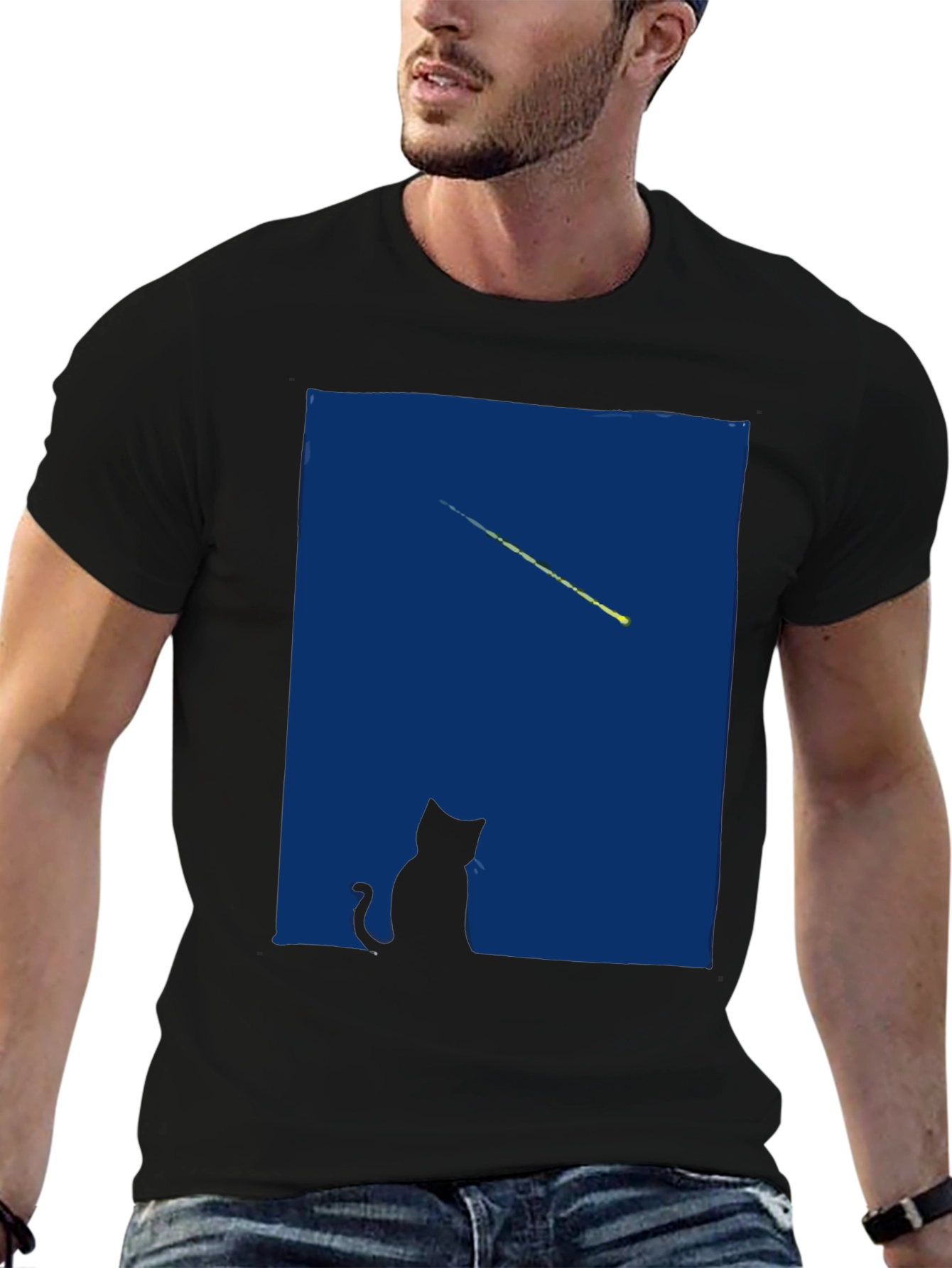 Cat Gazing at Shooting Star T-Shirt - Black