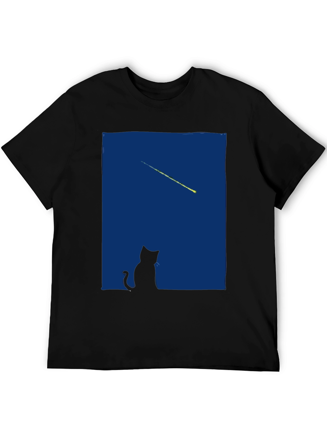 Cat Gazing at Shooting Star T-Shirt - Black