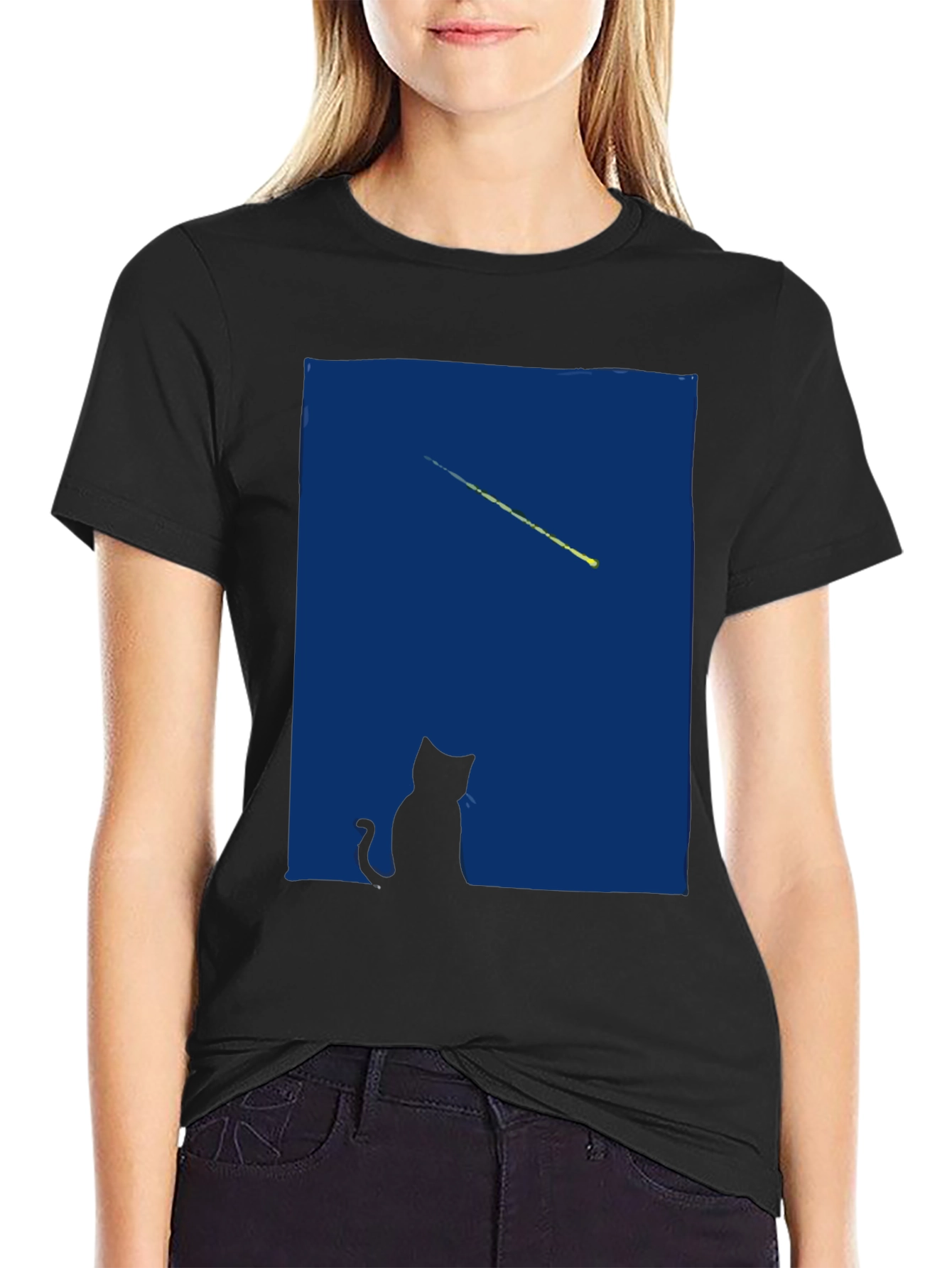 Cat Gazing at Shooting Star T-Shirt - Black
