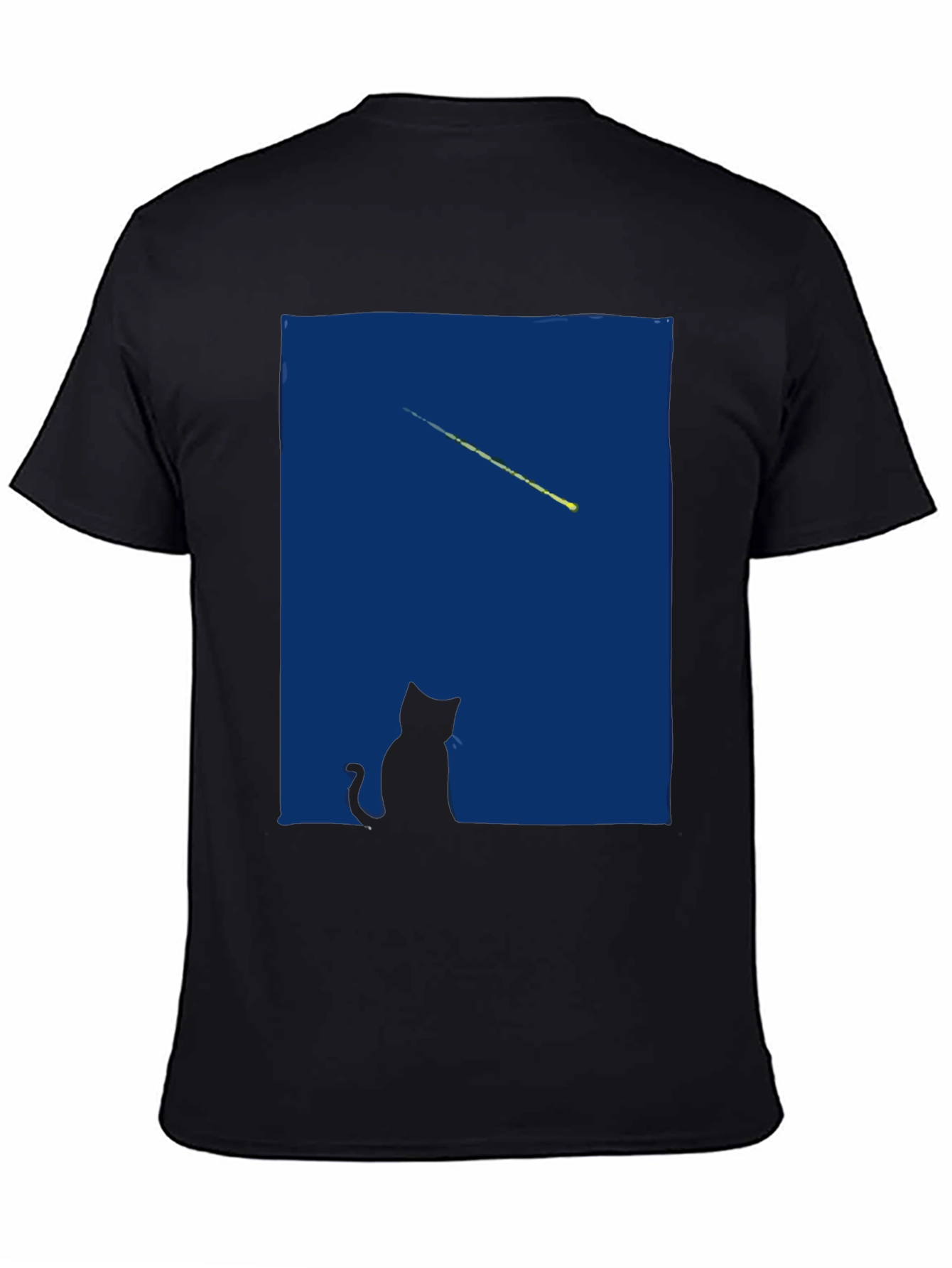 Cat Gazing at Shooting Star T-Shirt - Black