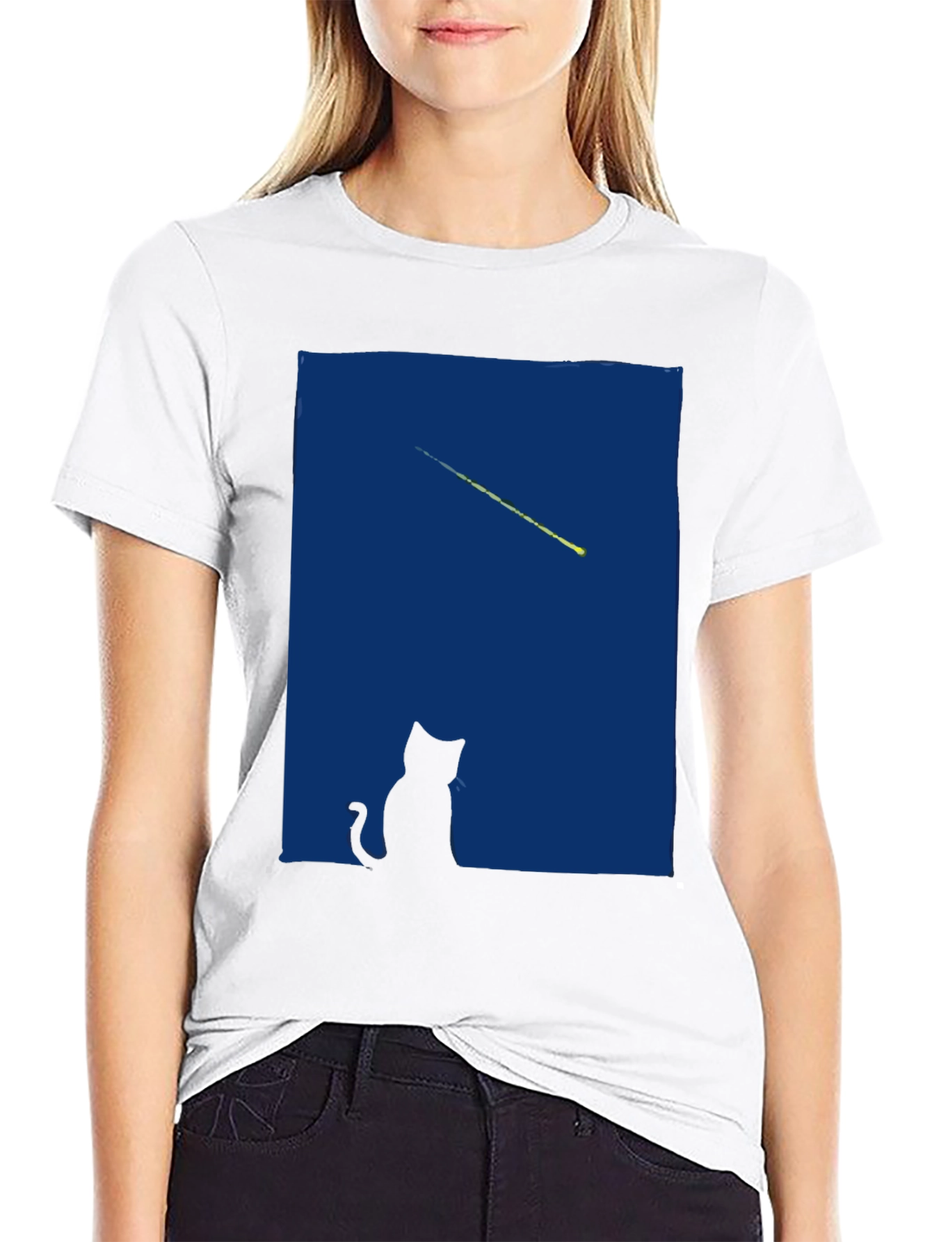 Cat Gazing at Shooting Star T-Shirt - Black