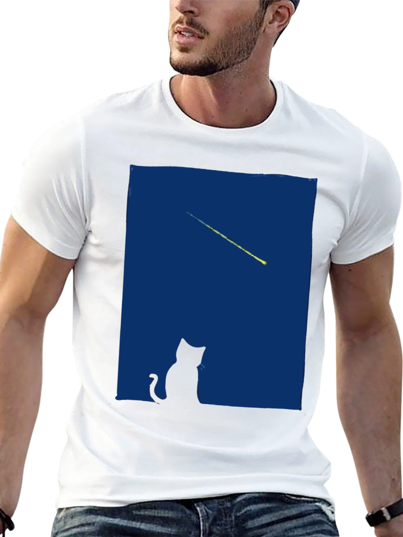 Cat Gazing at Shooting Star T-Shirt - Black