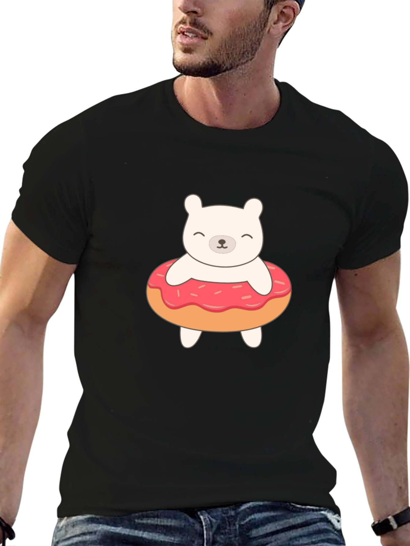 Cute Bear Donut Graphic Tee - Black