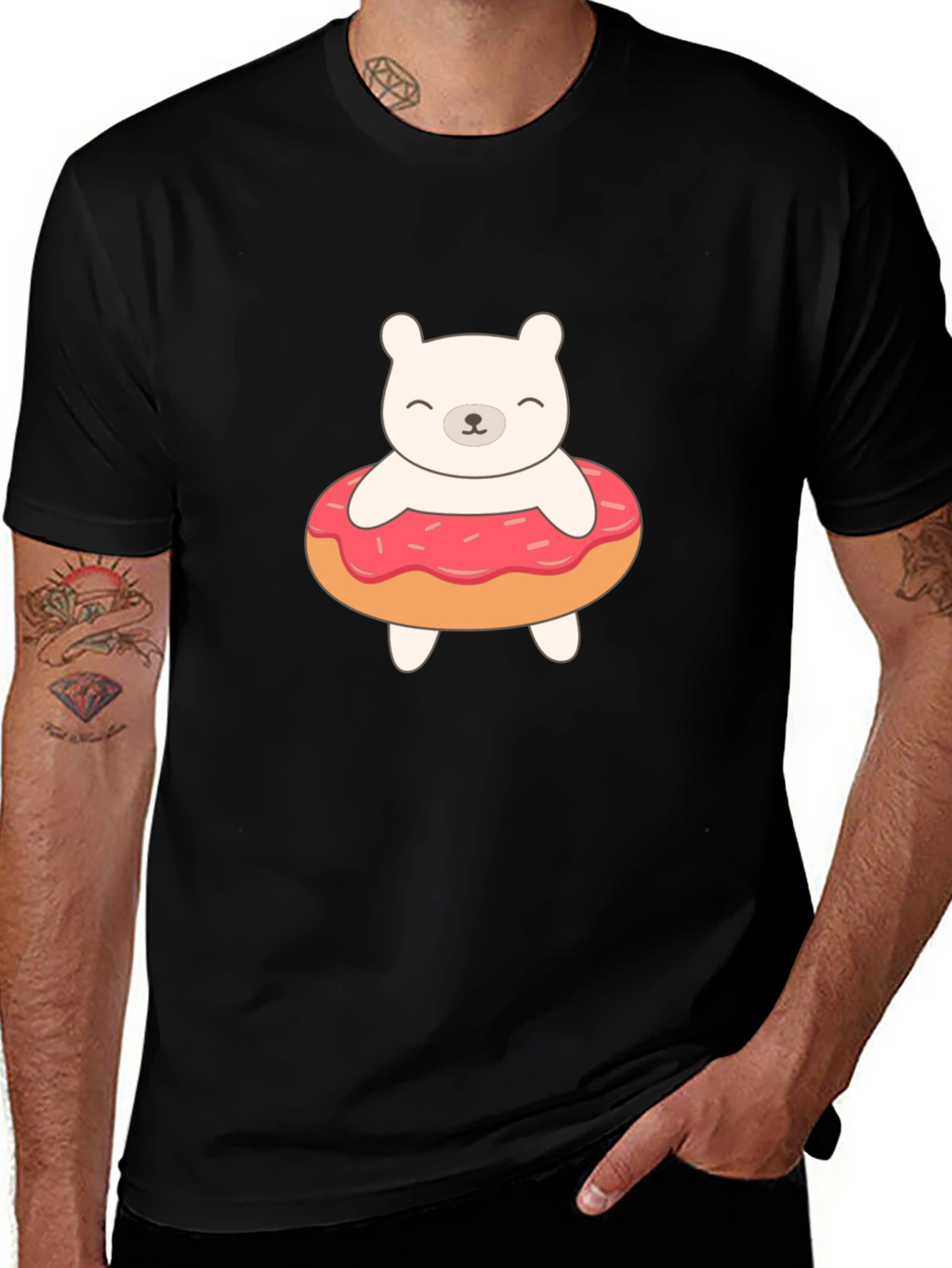 Cute Bear Donut Graphic Tee - Black
