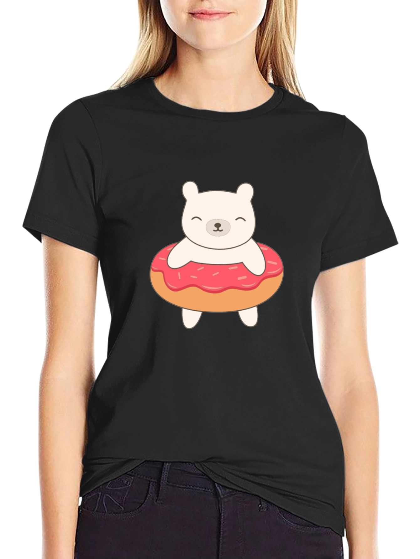 Cute Bear Donut Graphic Tee - Black