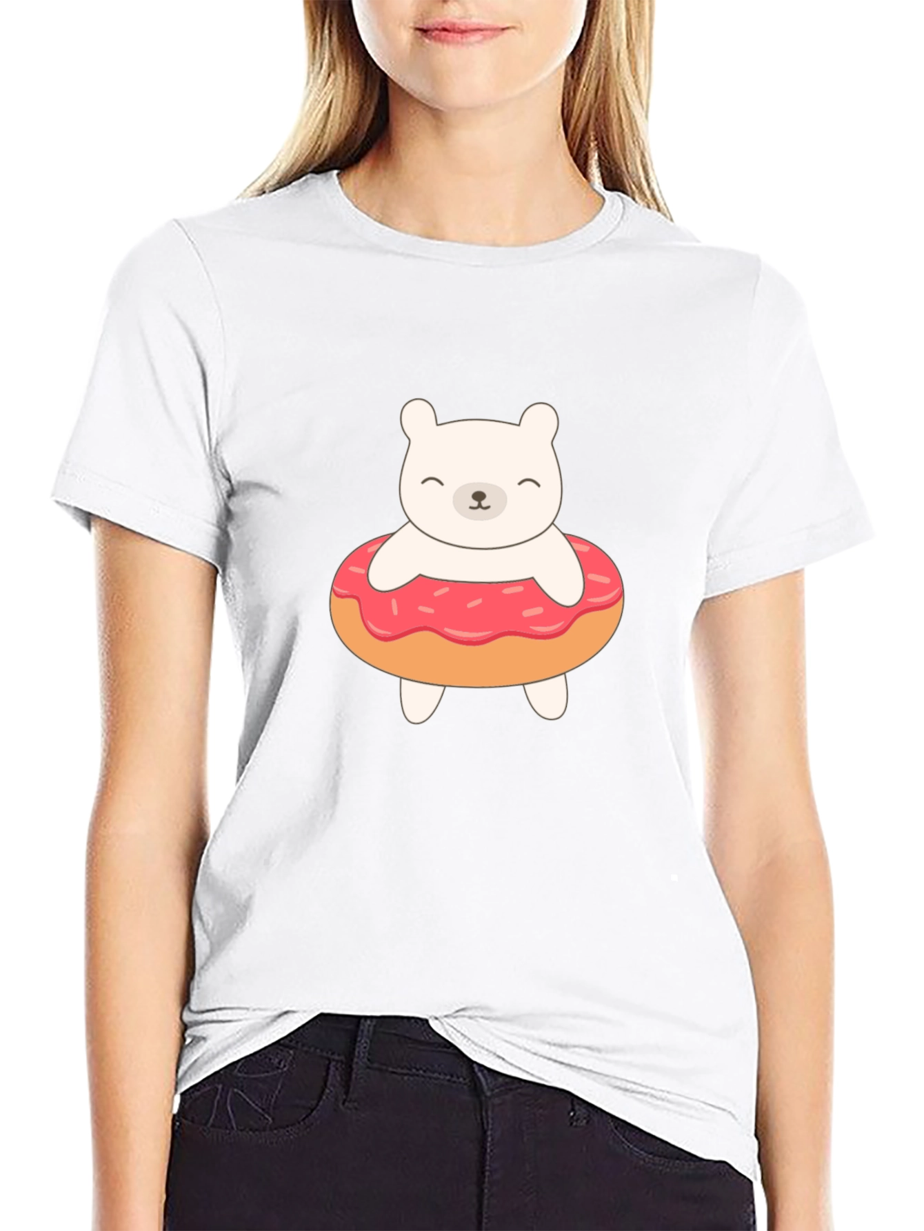 Cute Bear Donut Graphic Tee - Black