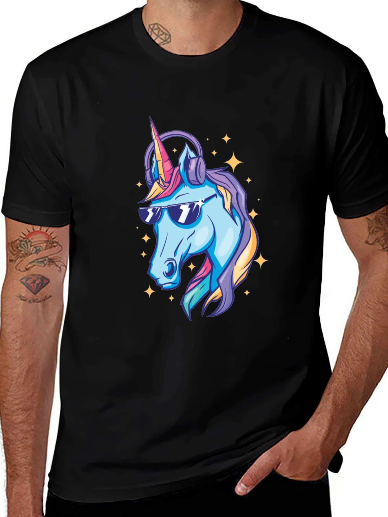 Cool Unicorn Graphic T-Shirt - Black Cotton Blend