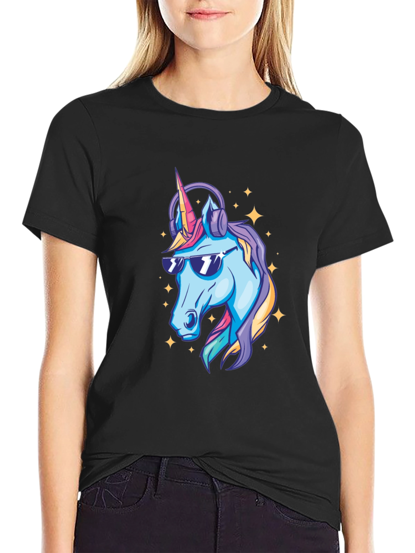 Cool Unicorn Graphic T-Shirt - Black Cotton Blend