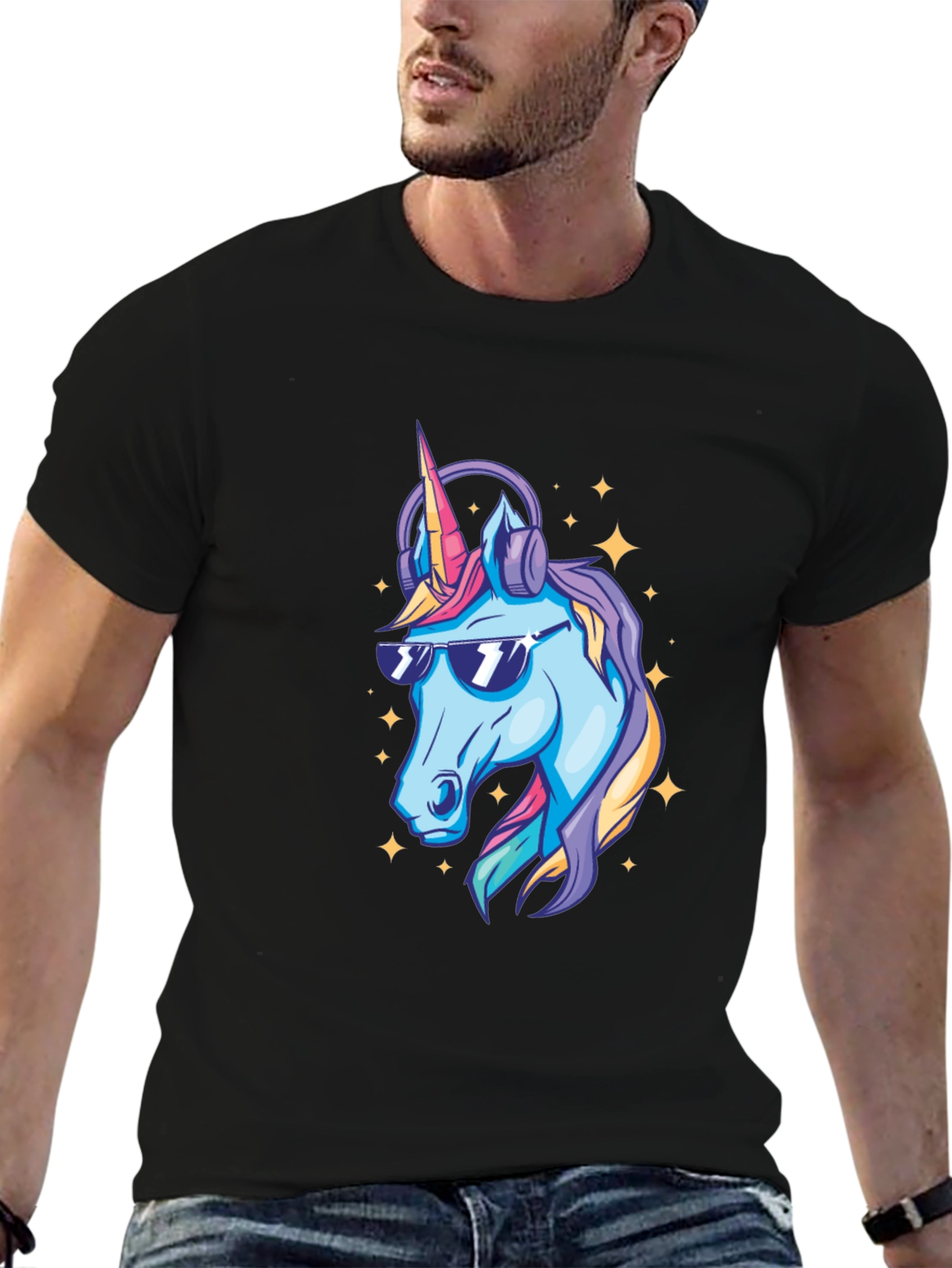 Cool Unicorn Graphic T-Shirt - Black Cotton Blend