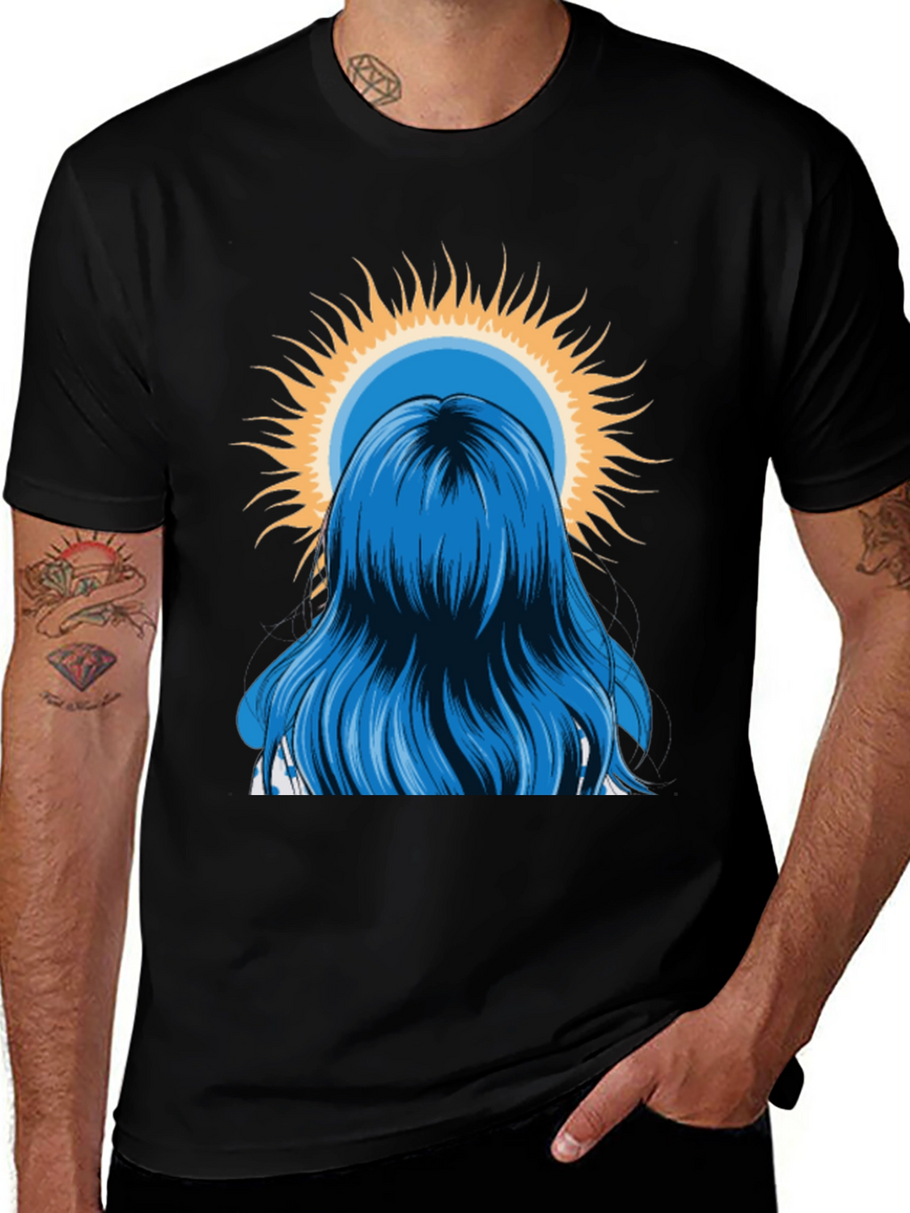 Blue Hair Girl Sun Graphic Black T-Shirt