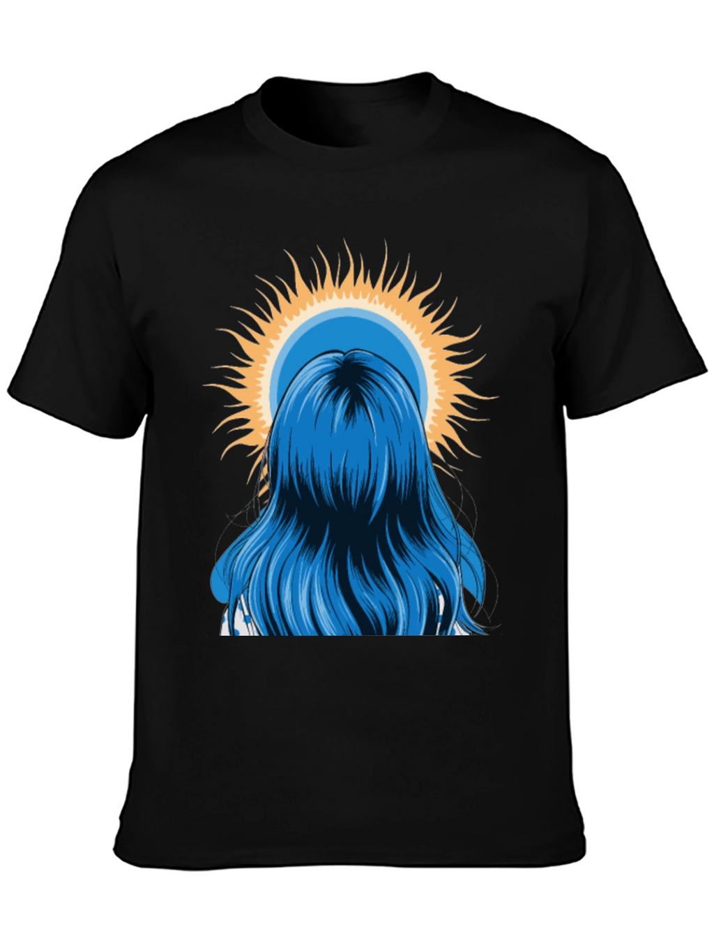 Blue Hair Girl Sun Graphic Black T-Shirt