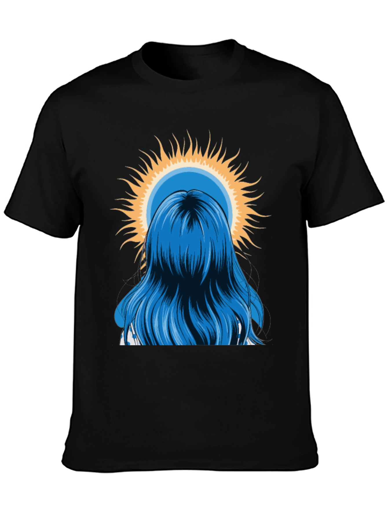 Blue Hair Girl Sun Graphic Black T-Shirt