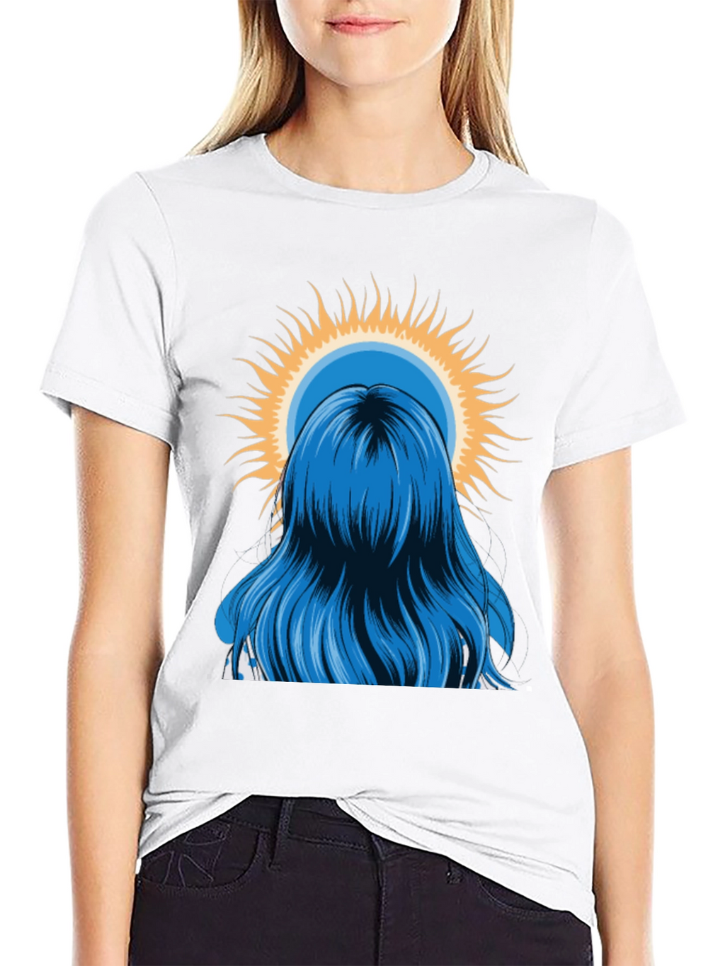 Blue Hair Girl Sun Graphic Black T-Shirt