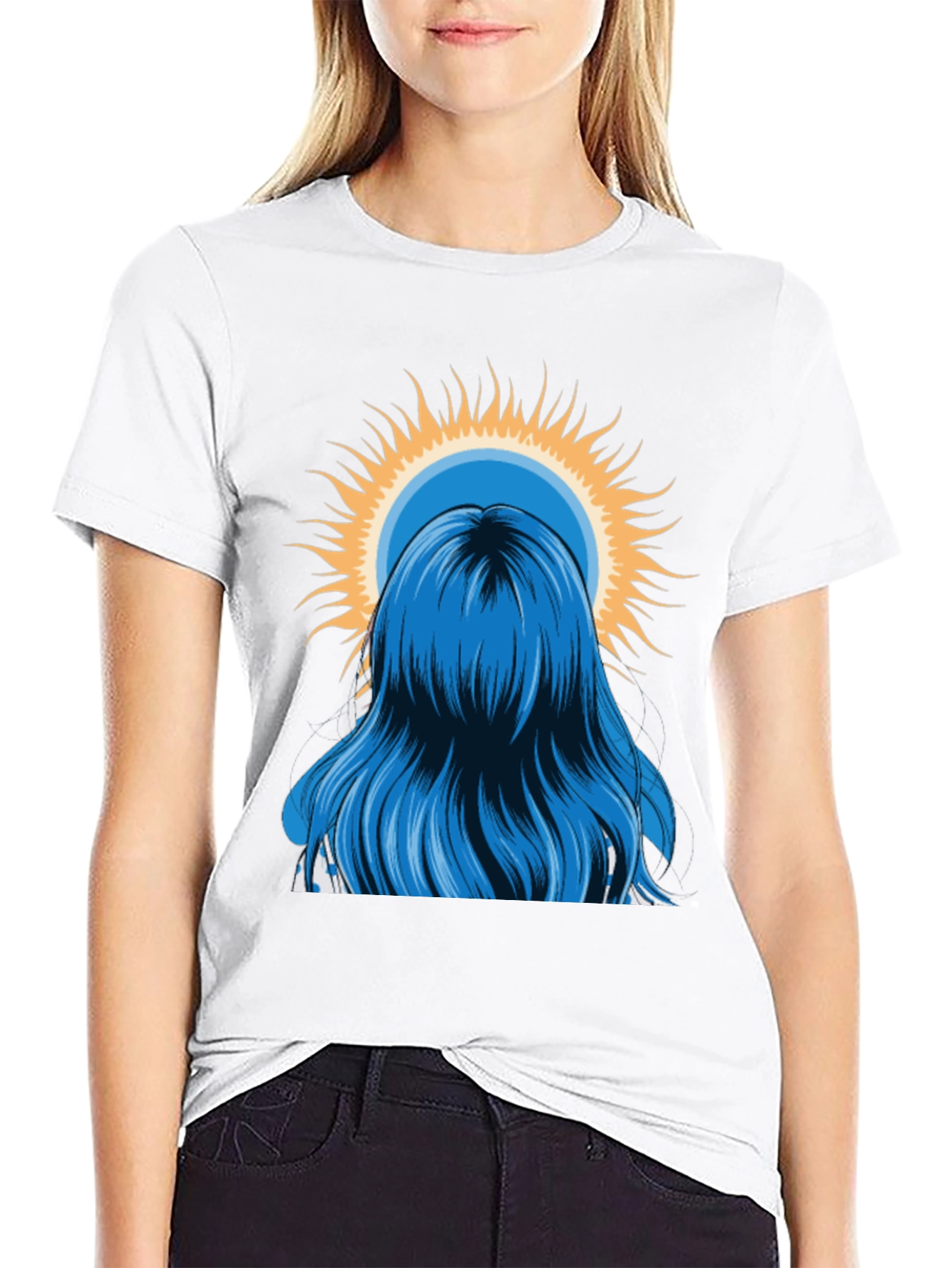 Blue Hair Girl Sun Graphic Black T-Shirt