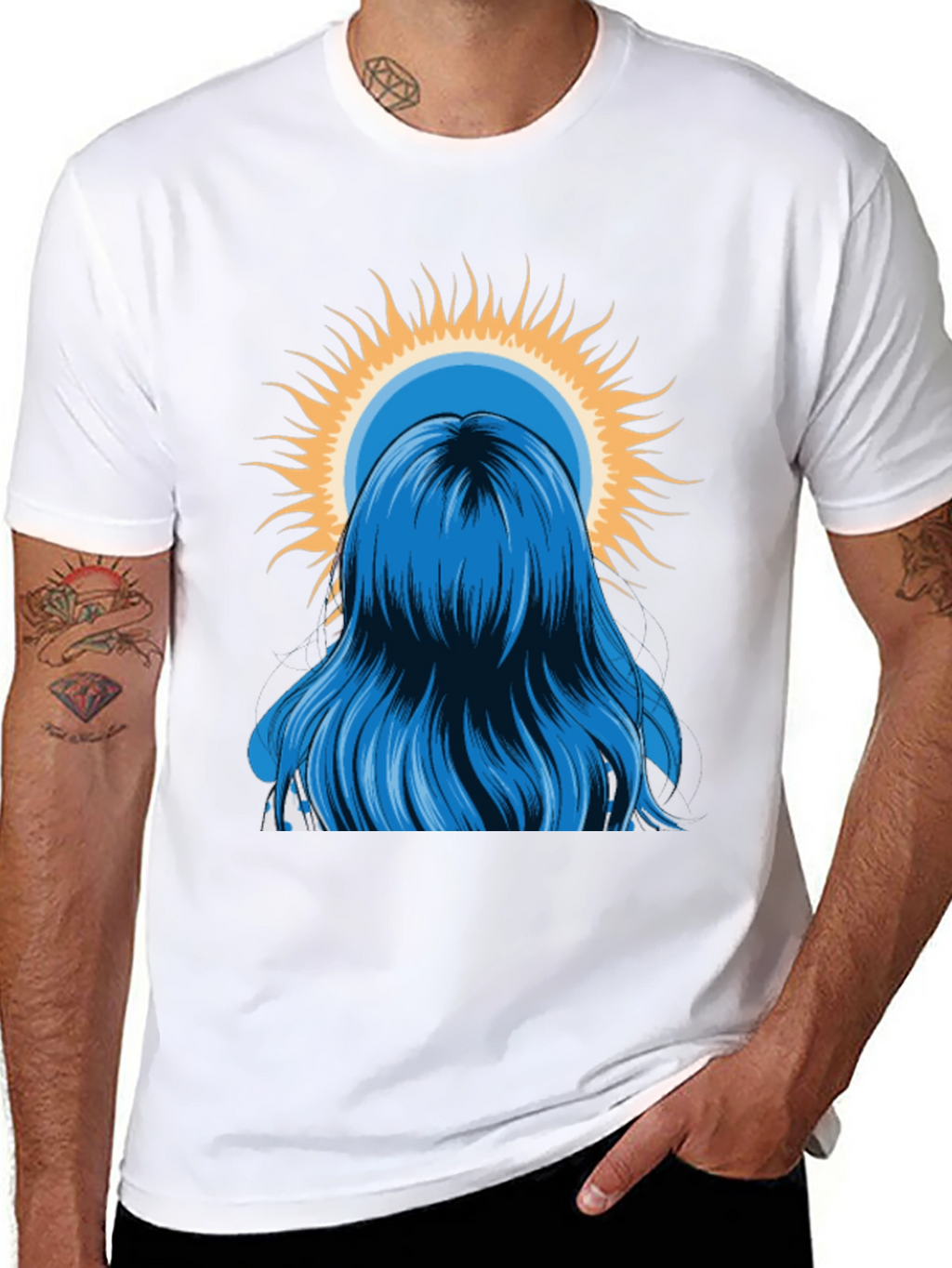 Blue Hair Girl Sun Graphic Black T-Shirt