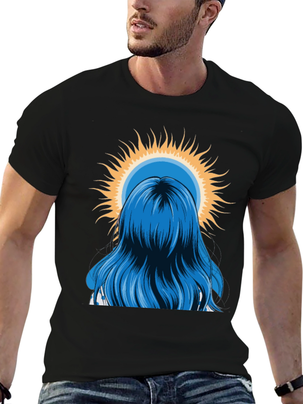Blue Hair Girl Sun Graphic Black T-Shirt