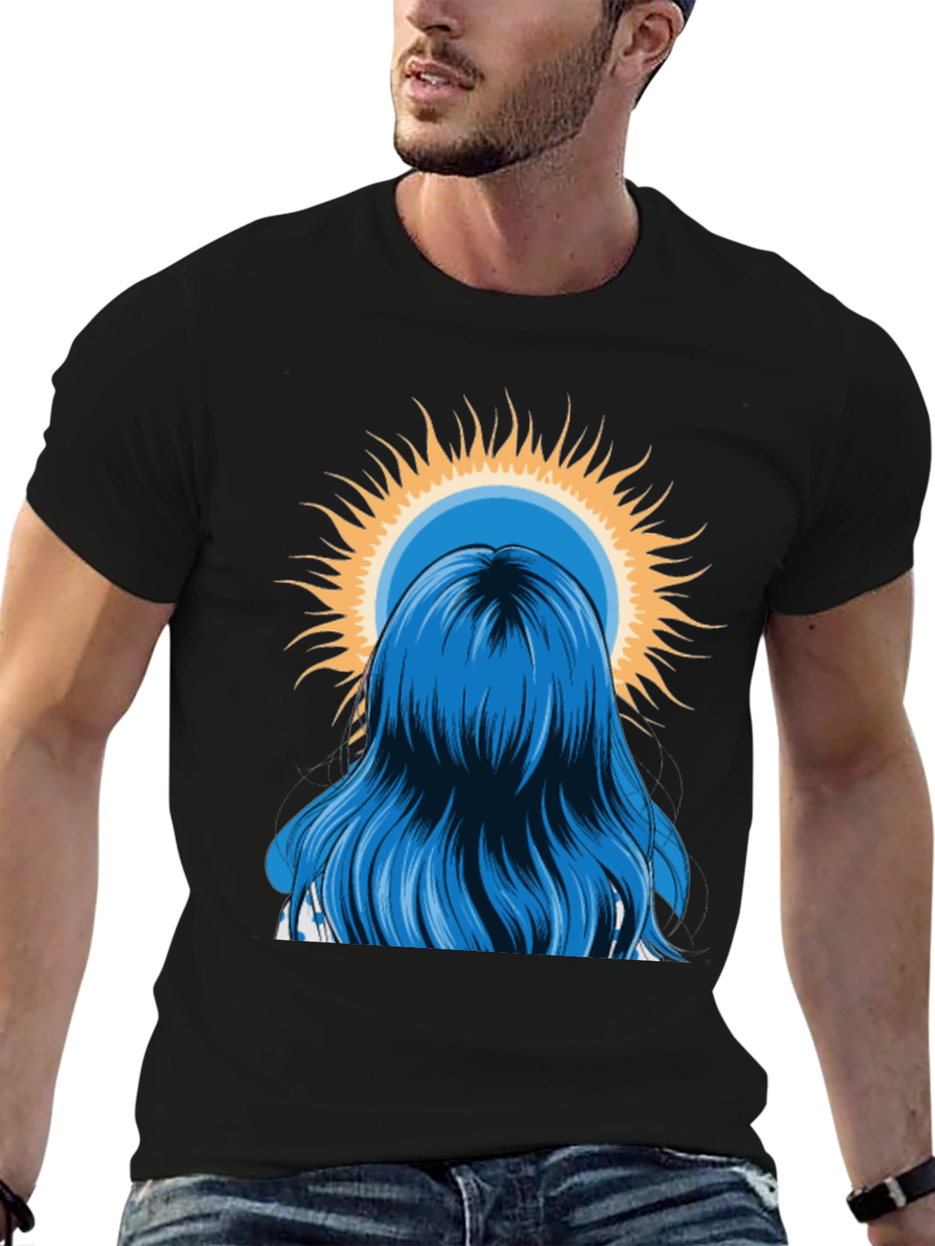 Blue Hair Girl Sun Graphic Black T-Shirt