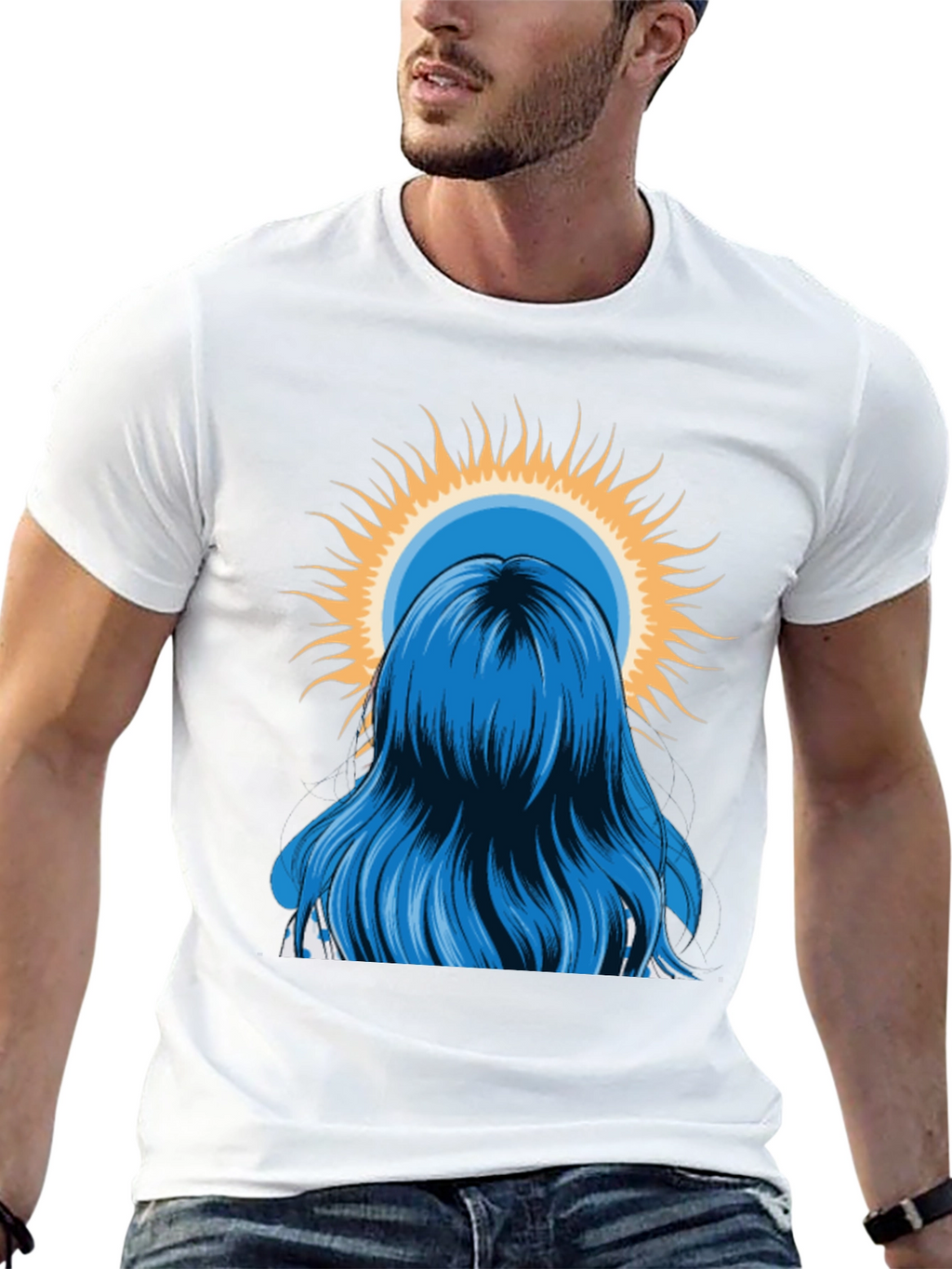 Blue Hair Girl Sun Graphic Black T-Shirt