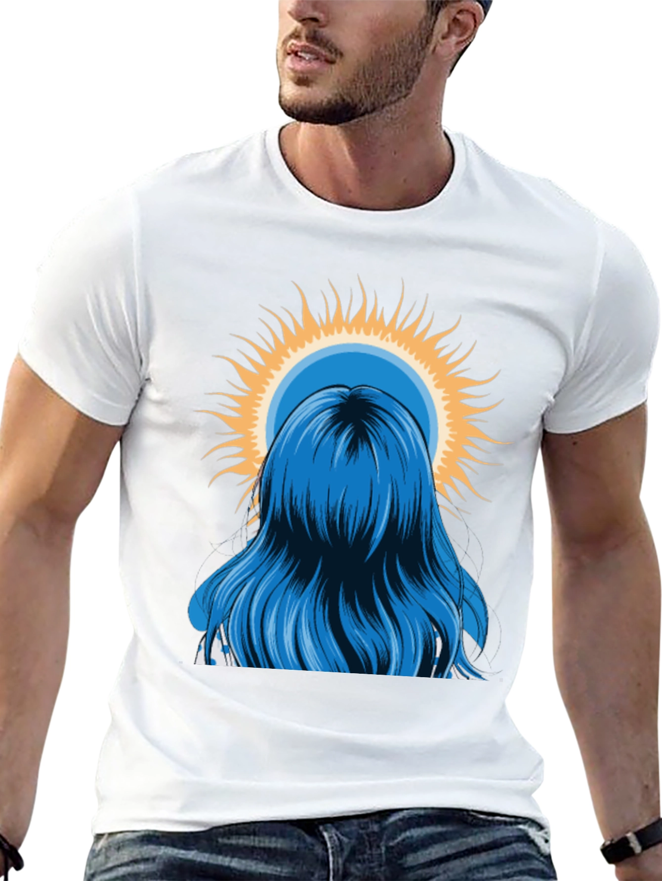 Blue Hair Girl Sun Graphic Black T-Shirt