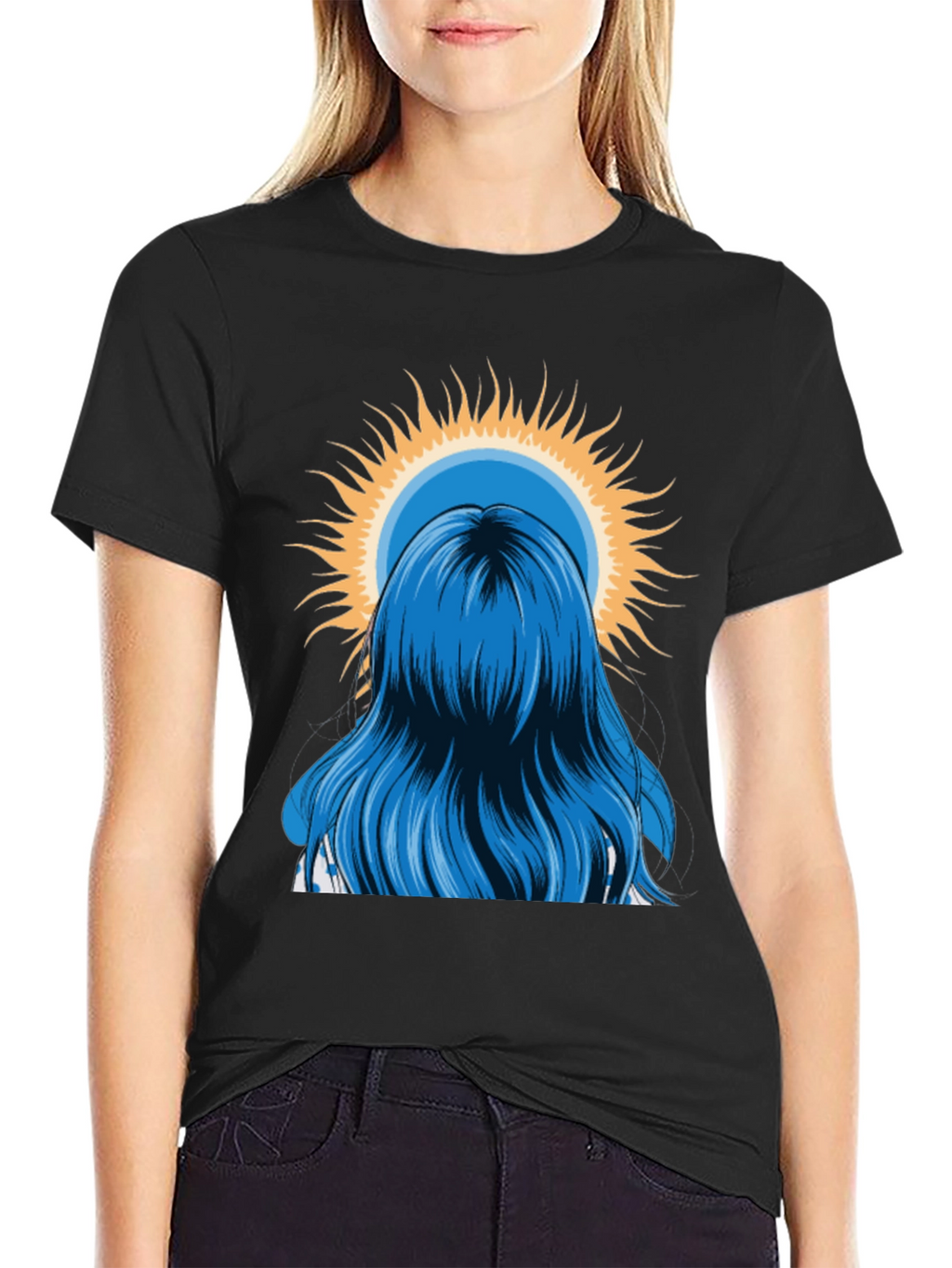 Blue Hair Girl Sun Graphic Black T-Shirt