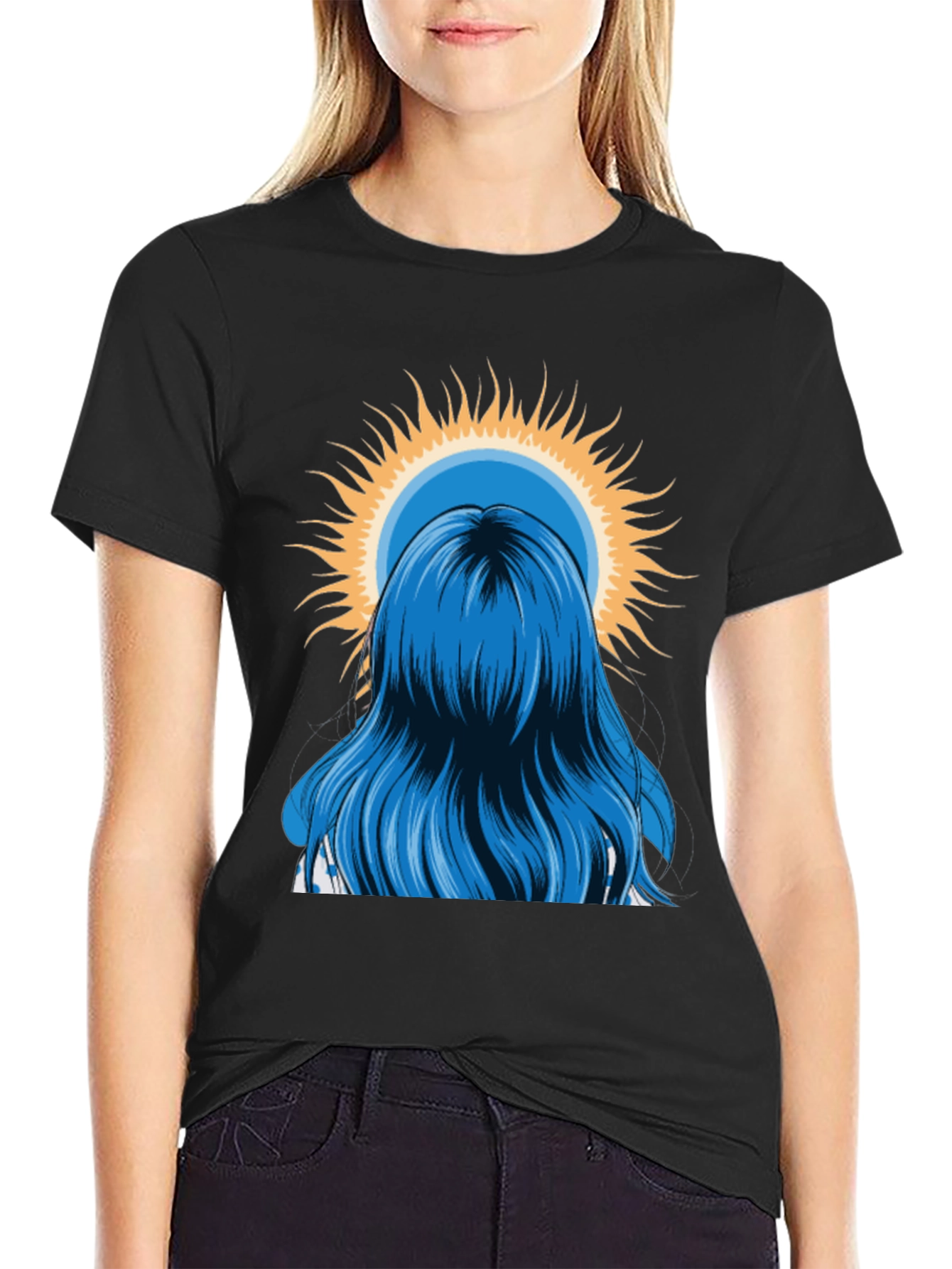 Blue Hair Girl Sun Graphic Black T-Shirt
