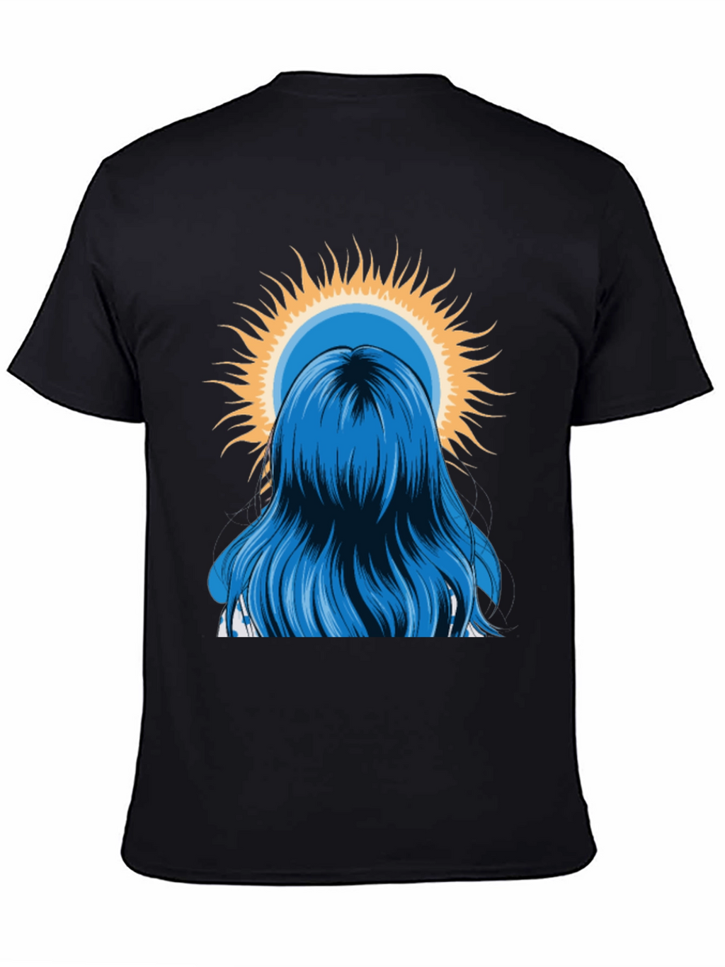 Blue Hair Girl Sun Graphic Black T-Shirt