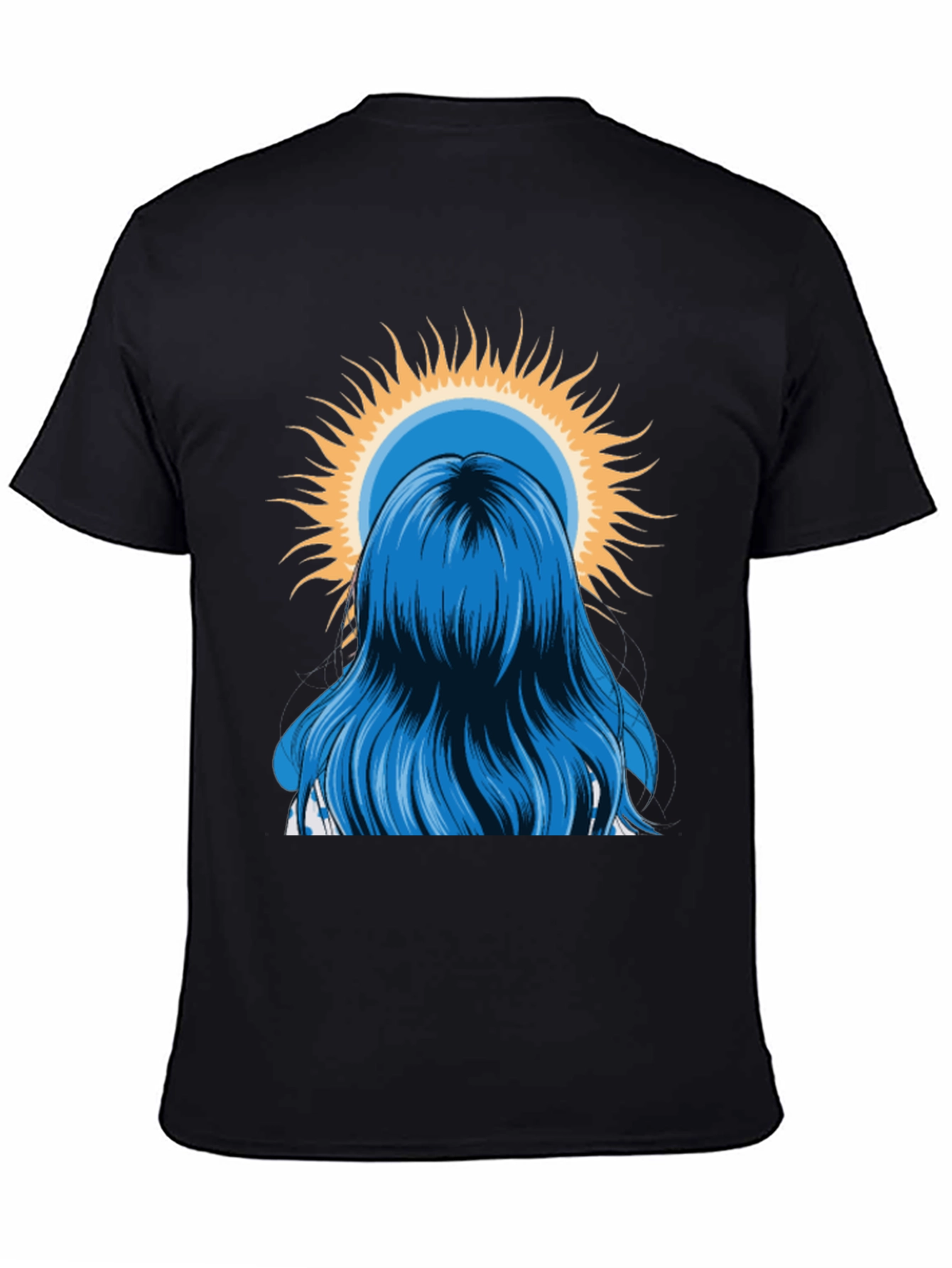 Blue Hair Girl Sun Graphic Black T-Shirt