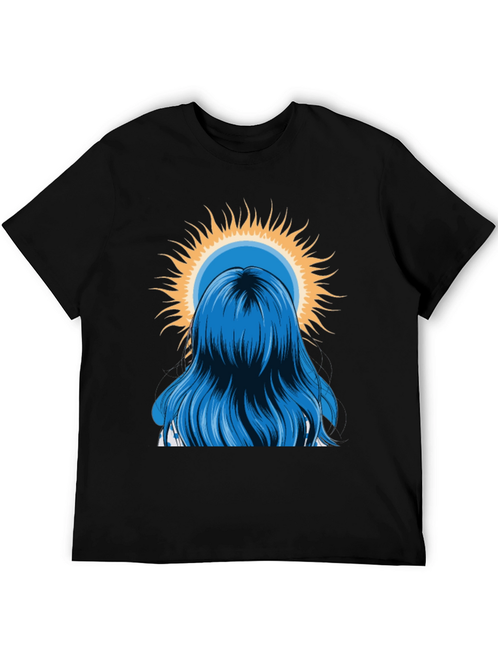 Blue Hair Girl Sun Graphic Black T-Shirt