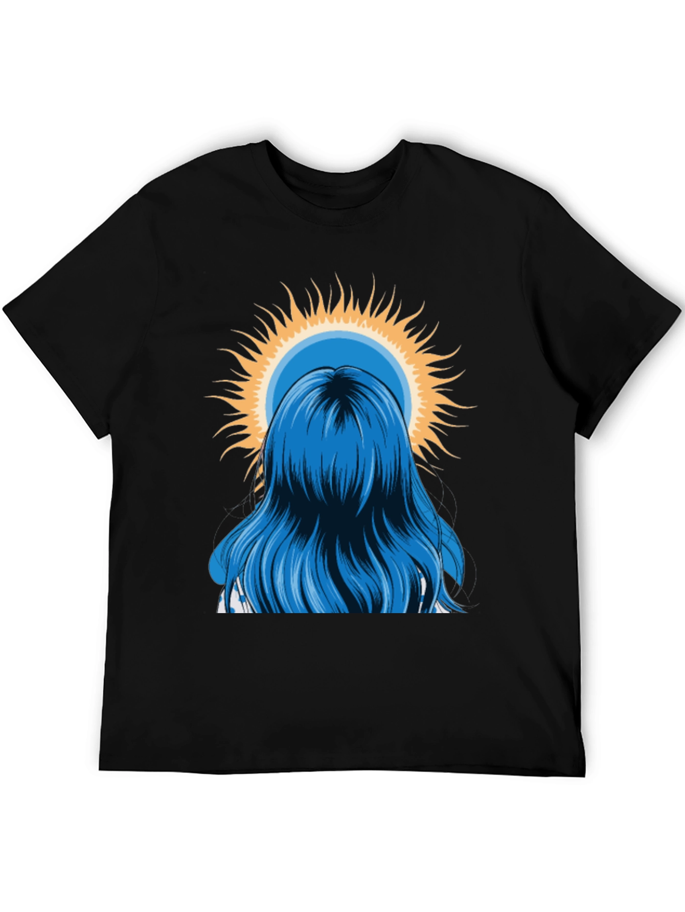Blue Hair Girl Sun Graphic Black T-Shirt
