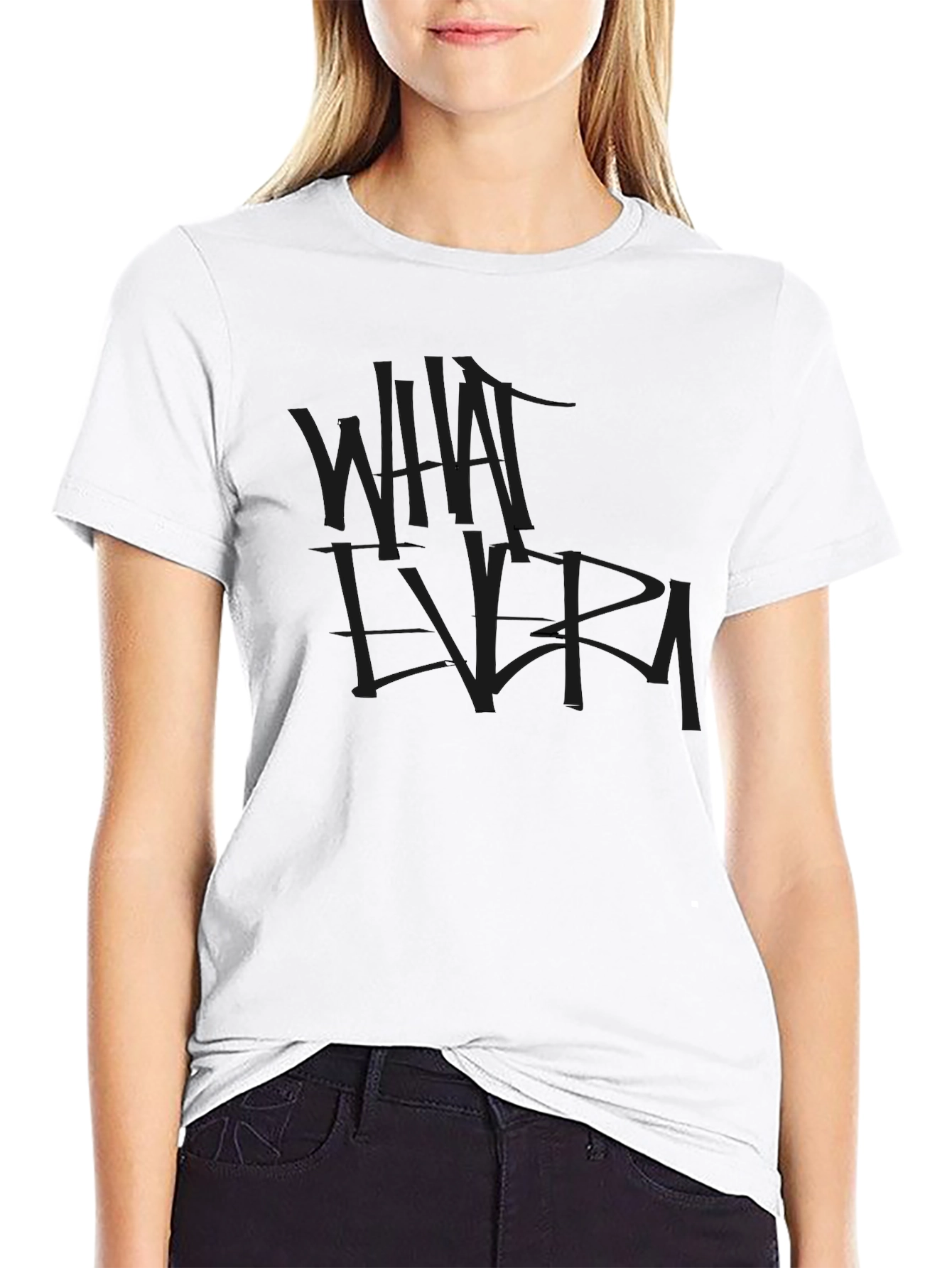 Black Whatever Graphic Tee - Casual Crew Neck
