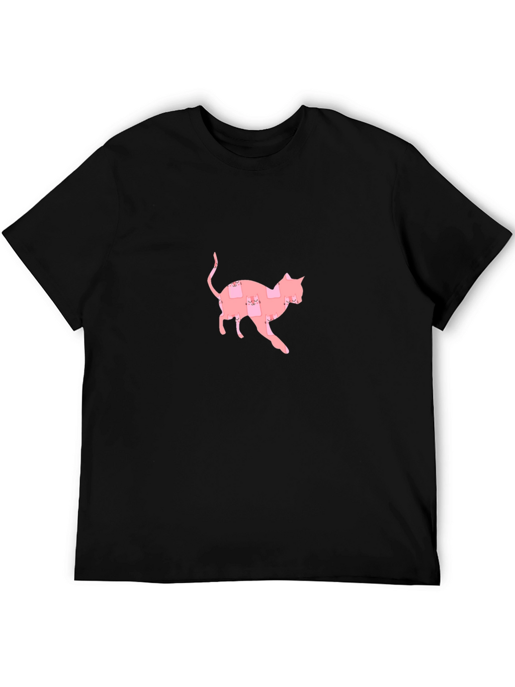 Cute Pink Cat Pattern Black T-Shirt
