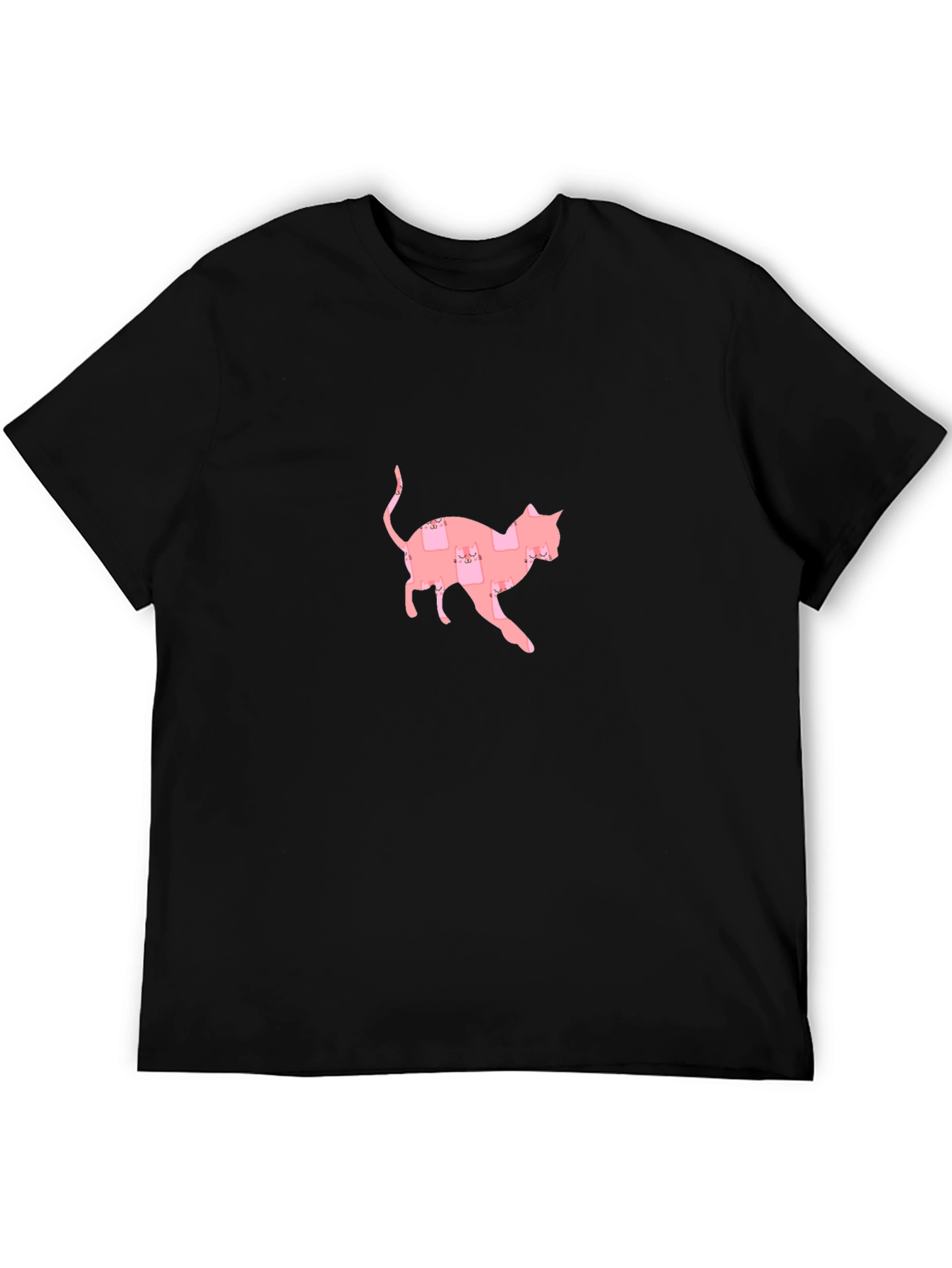 Cute Pink Cat Pattern Black T-Shirt