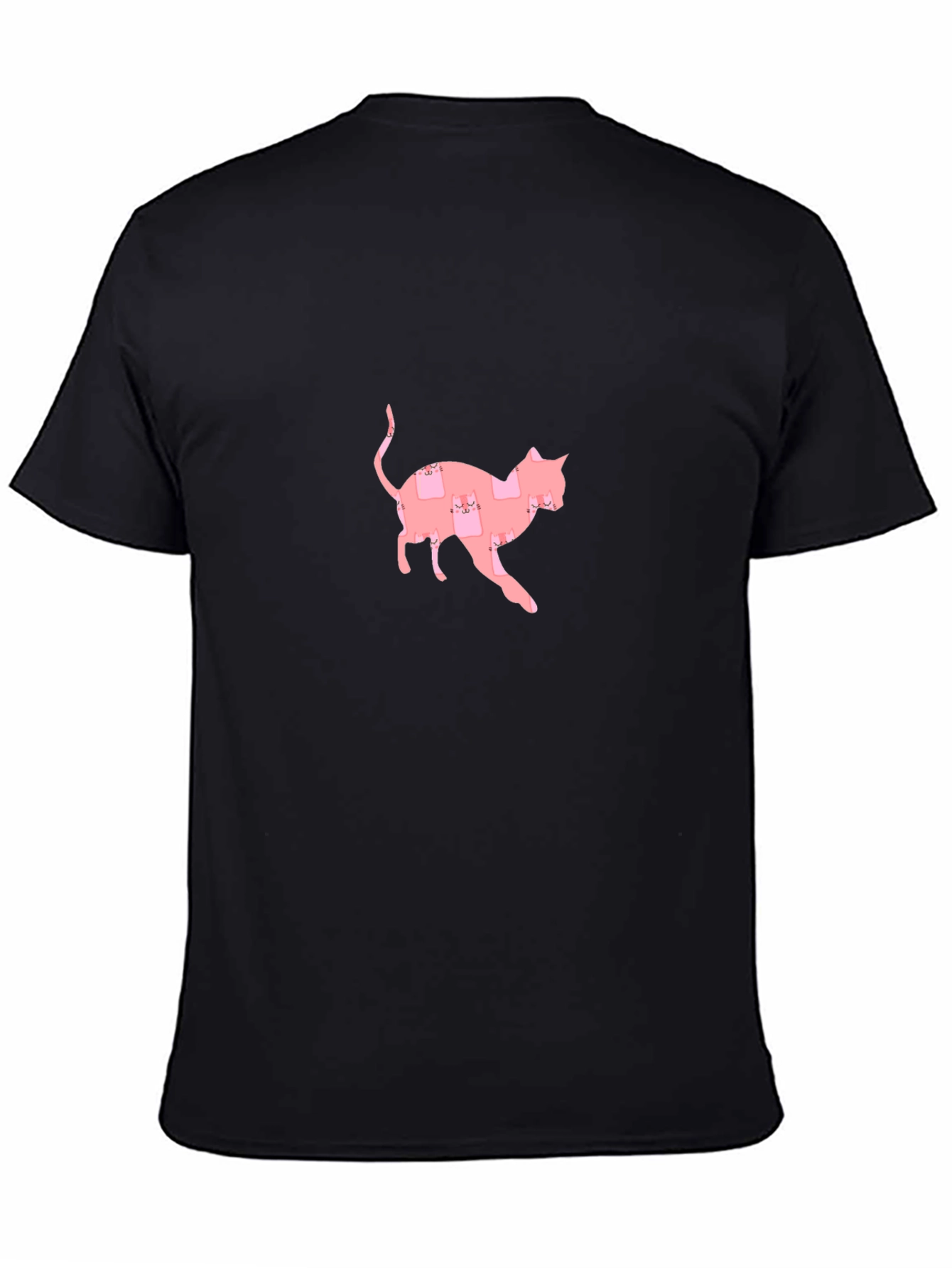 Cute Pink Cat Pattern Black T-Shirt