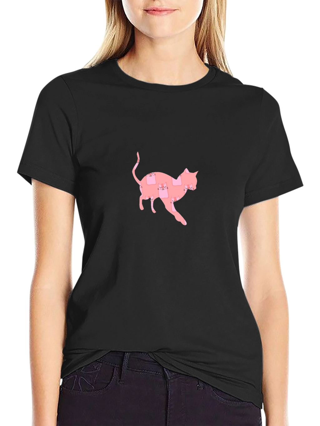Cute Pink Cat Pattern Black T-Shirt