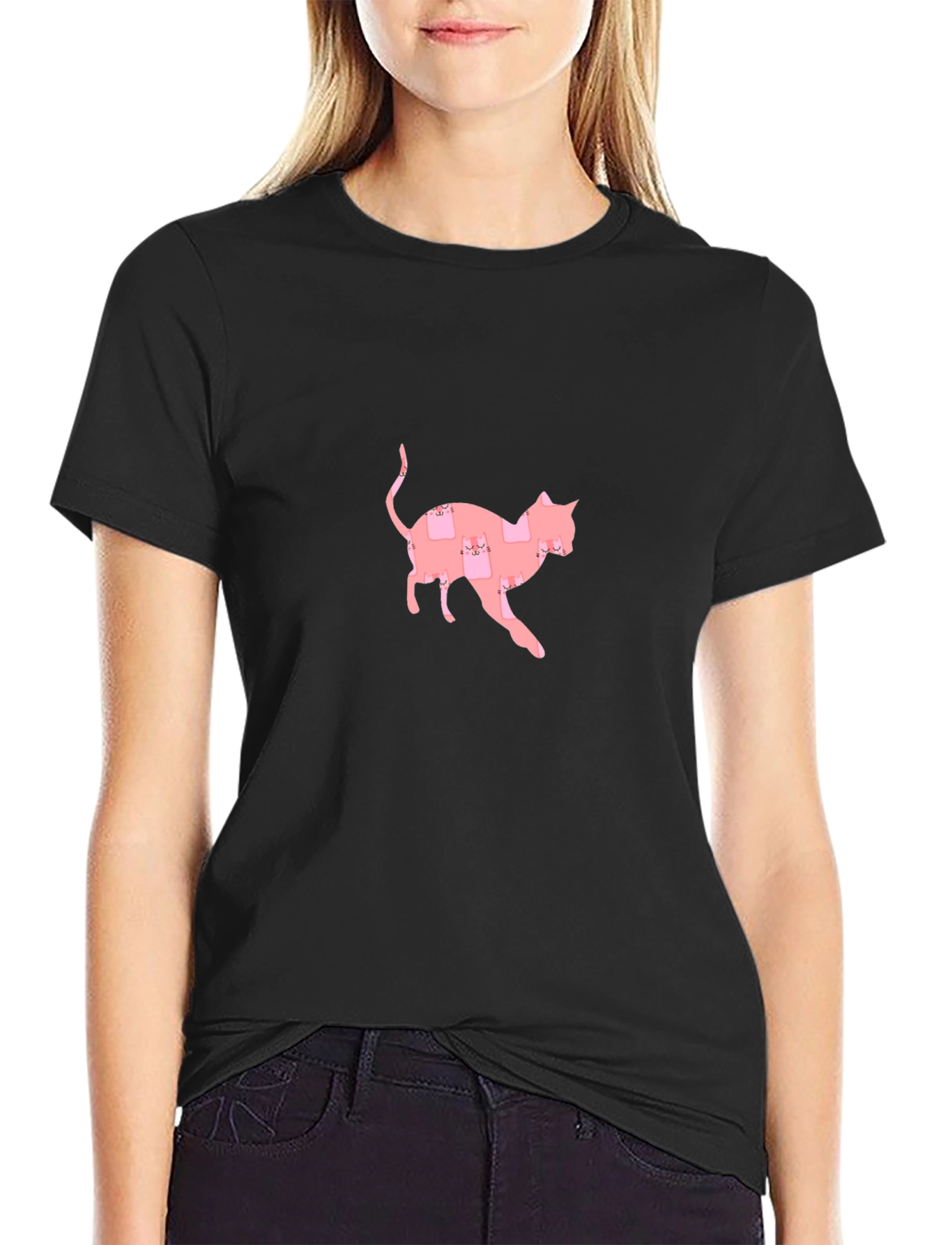Cute Pink Cat Pattern Black T-Shirt