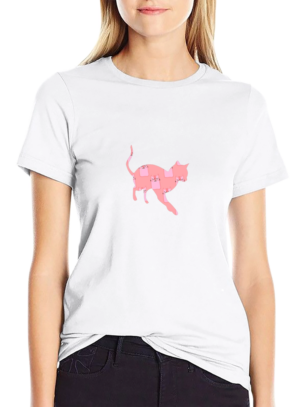 Cute Pink Cat Pattern Black T-Shirt