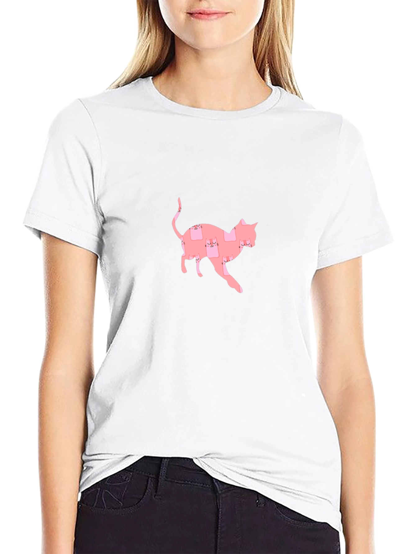 Cute Pink Cat Pattern Black T-Shirt