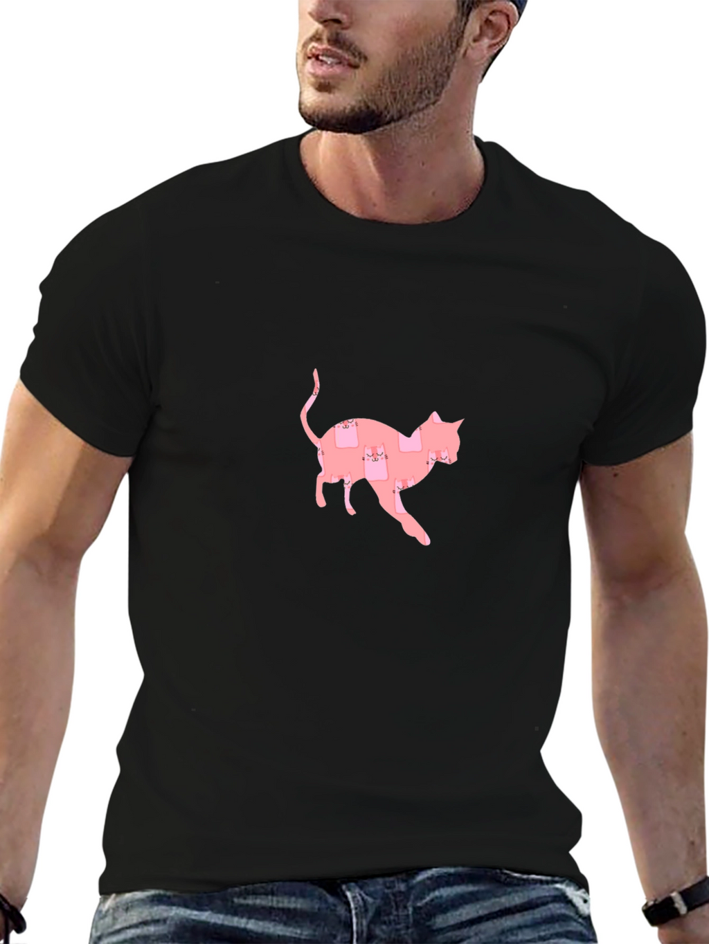 Cute Pink Cat Pattern Black T-Shirt