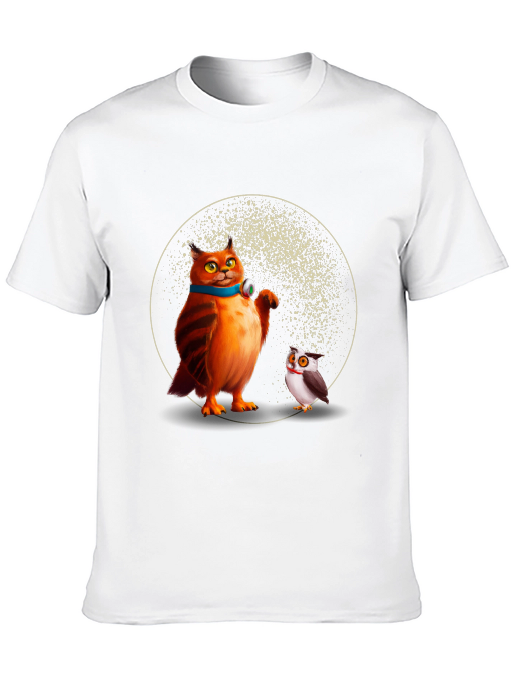 Cartoon Cat and Owl Print Black T-Shirt