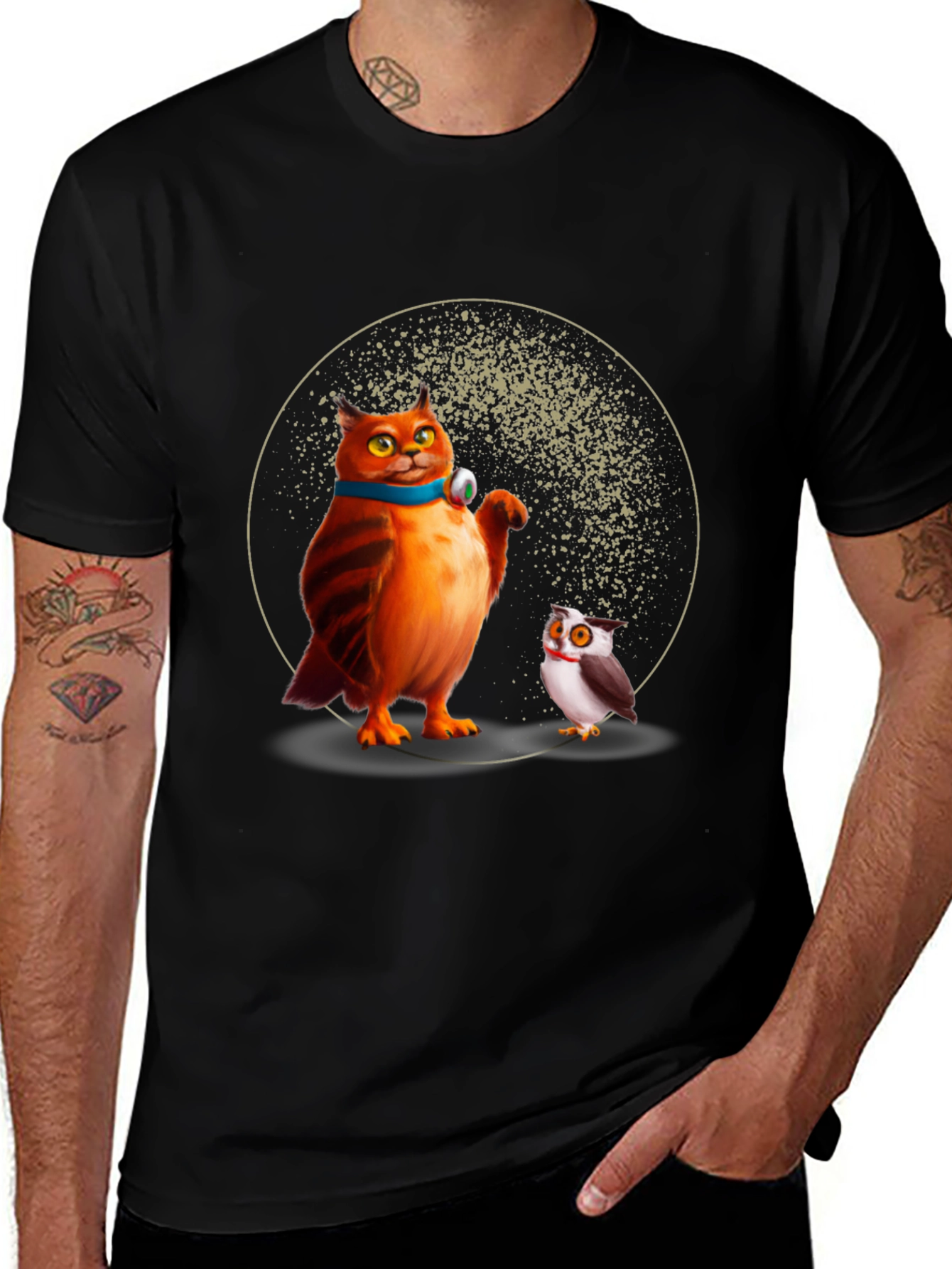 Cartoon Cat and Owl Print Black T-Shirt