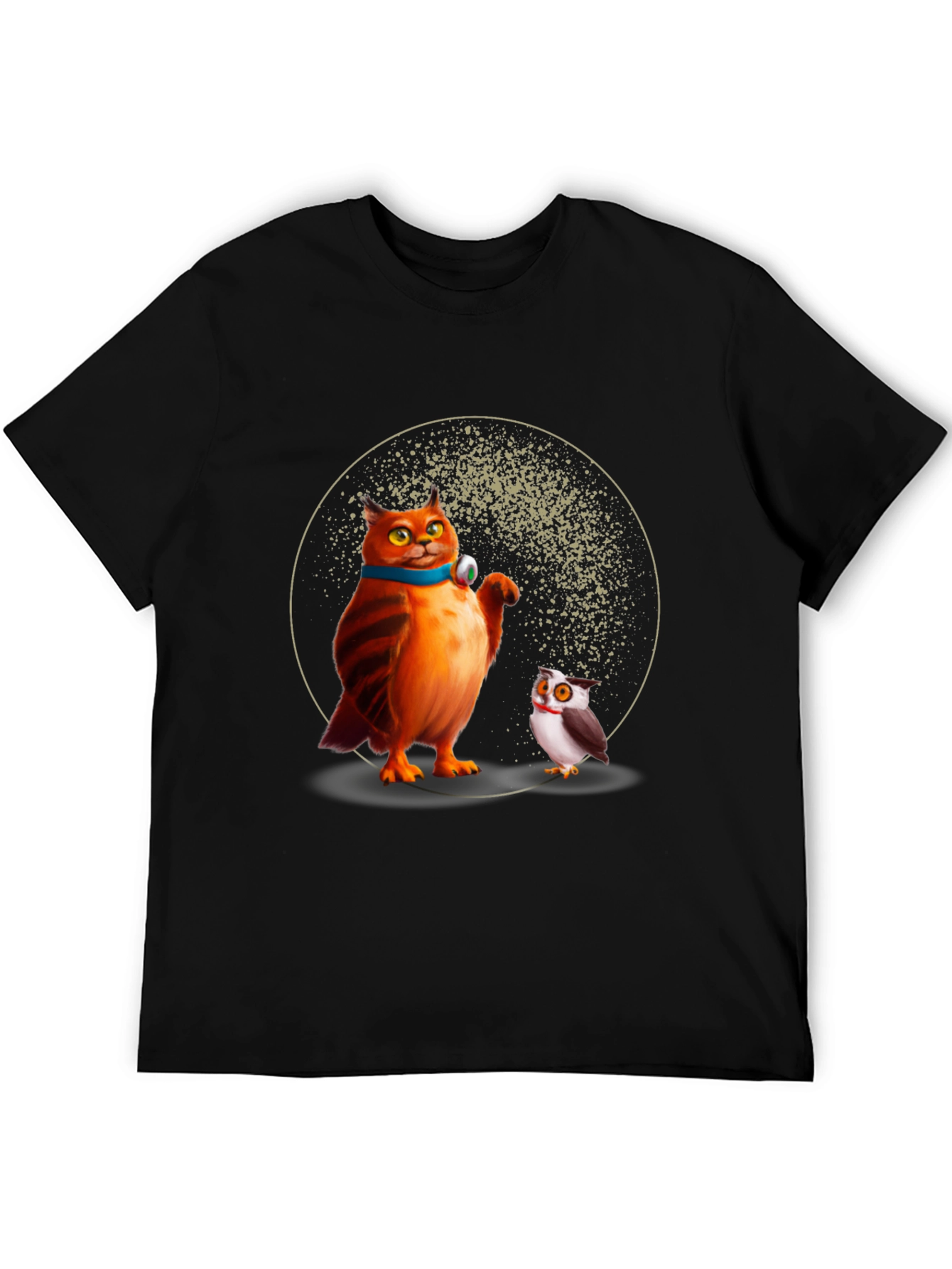 Cartoon Cat and Owl Print Black T-Shirt