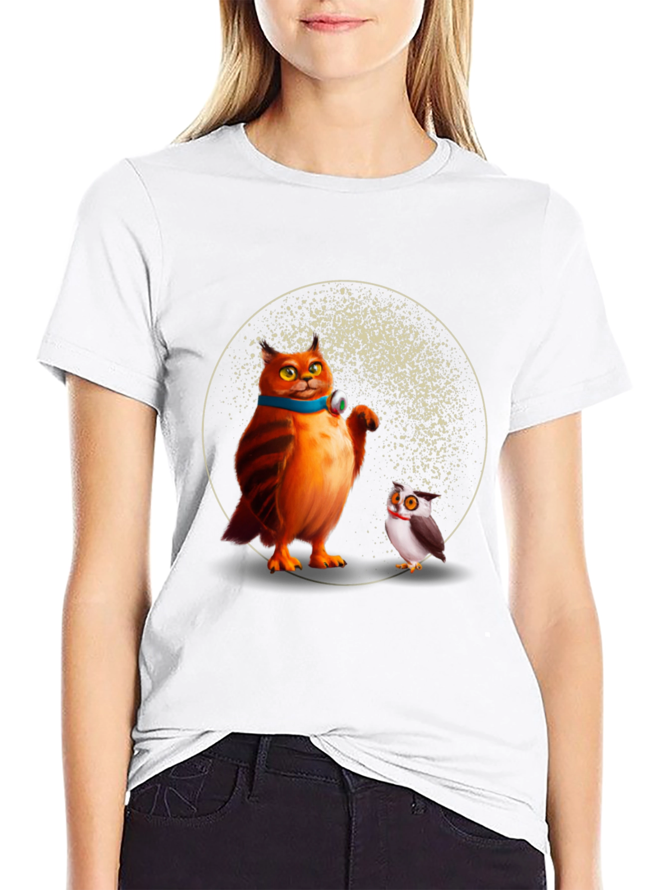 Cartoon Cat and Owl Print Black T-Shirt