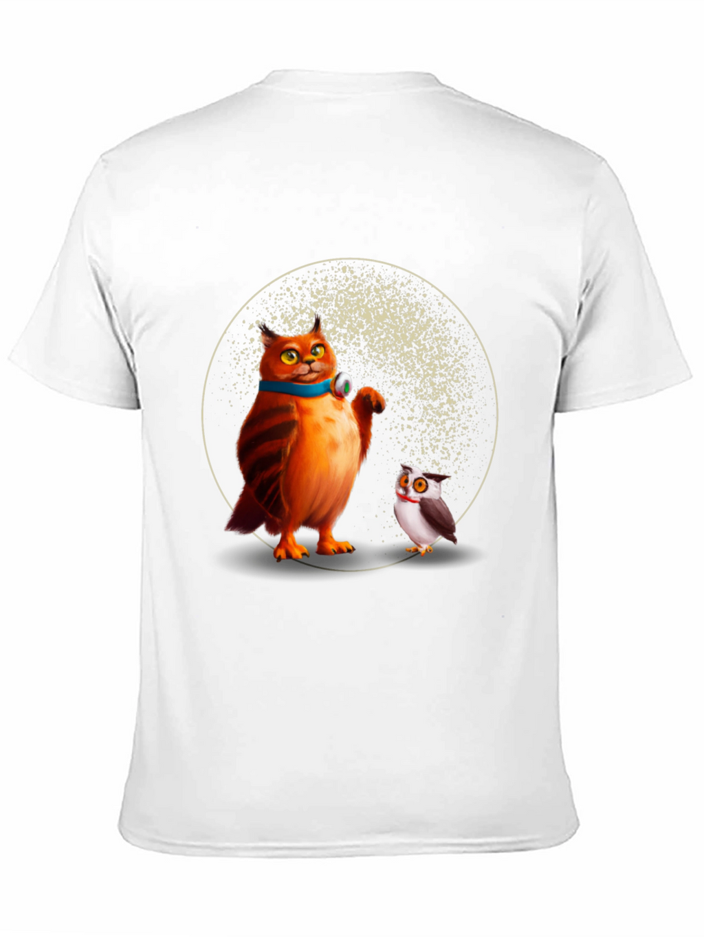 Cartoon Cat and Owl Print Black T-Shirt