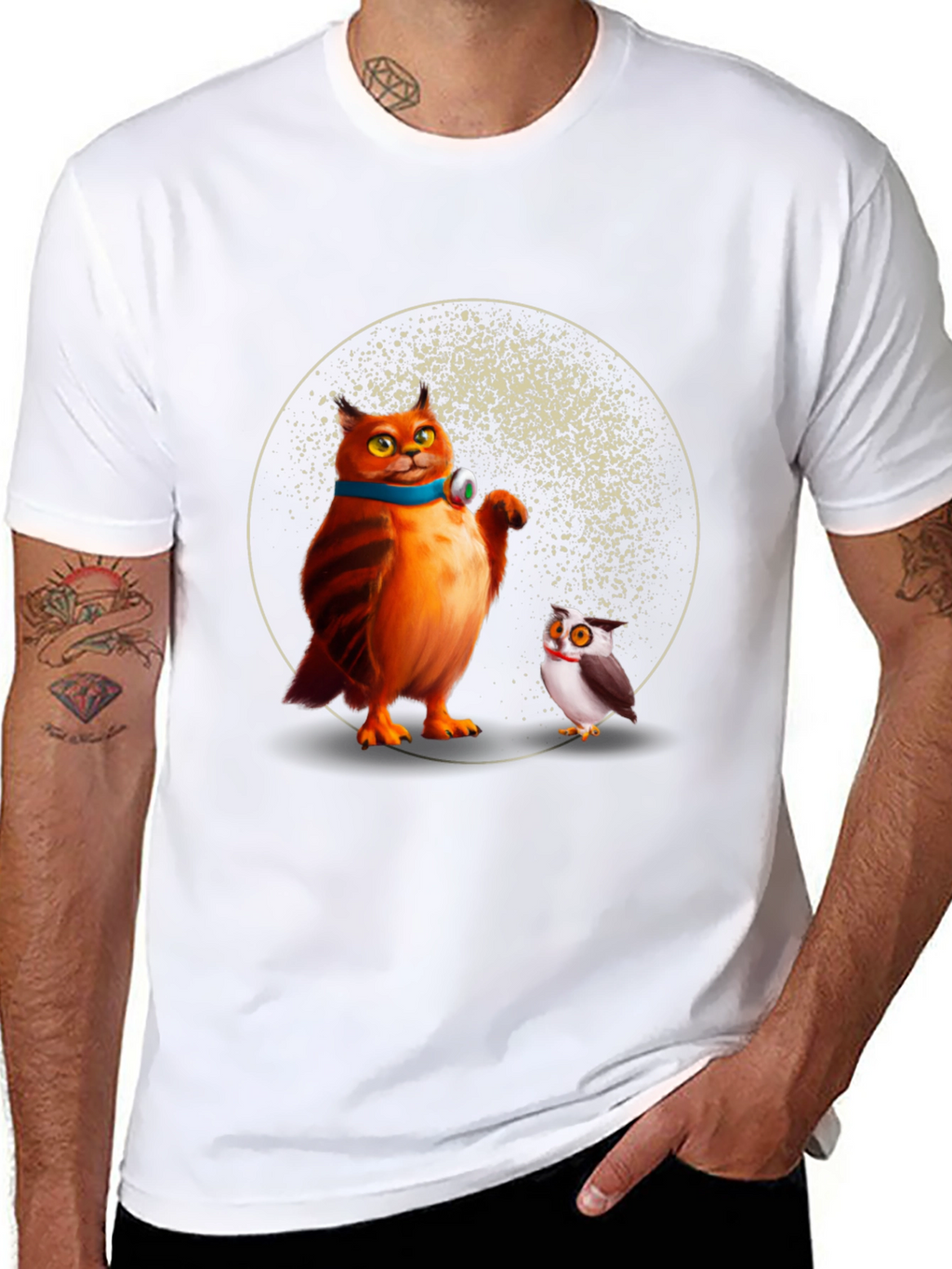 Cartoon Cat and Owl Print Black T-Shirt