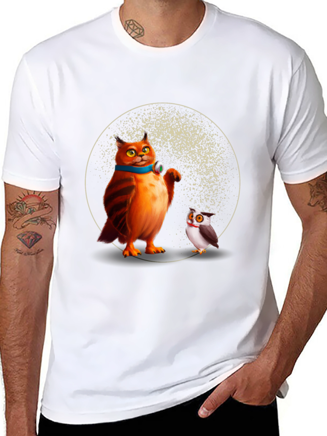 Cartoon Cat and Owl Print Black T-Shirt