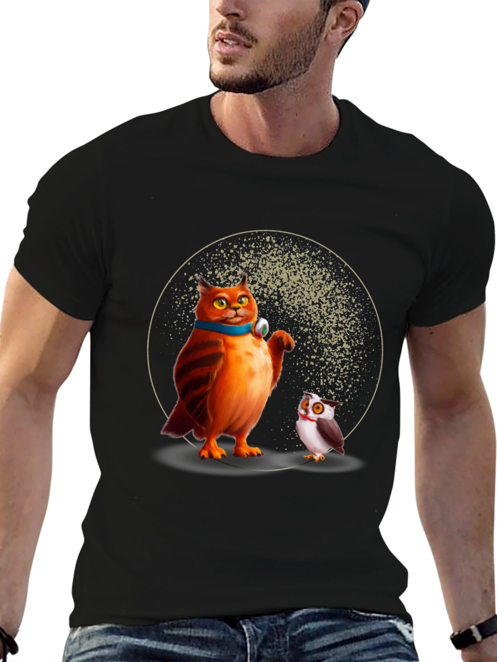 Cartoon Cat and Owl Print Black T-Shirt