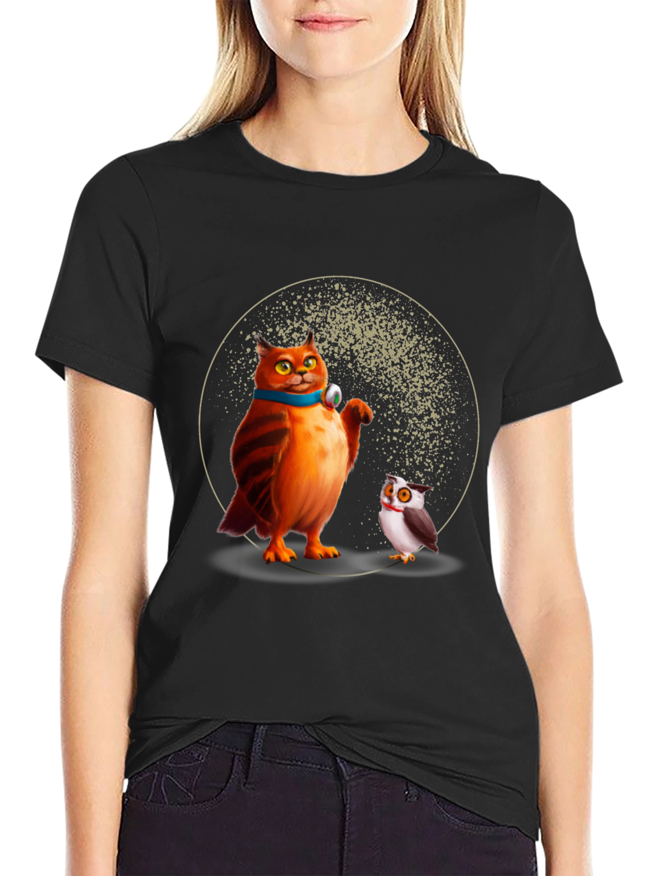 Cartoon Cat and Owl Print Black T-Shirt