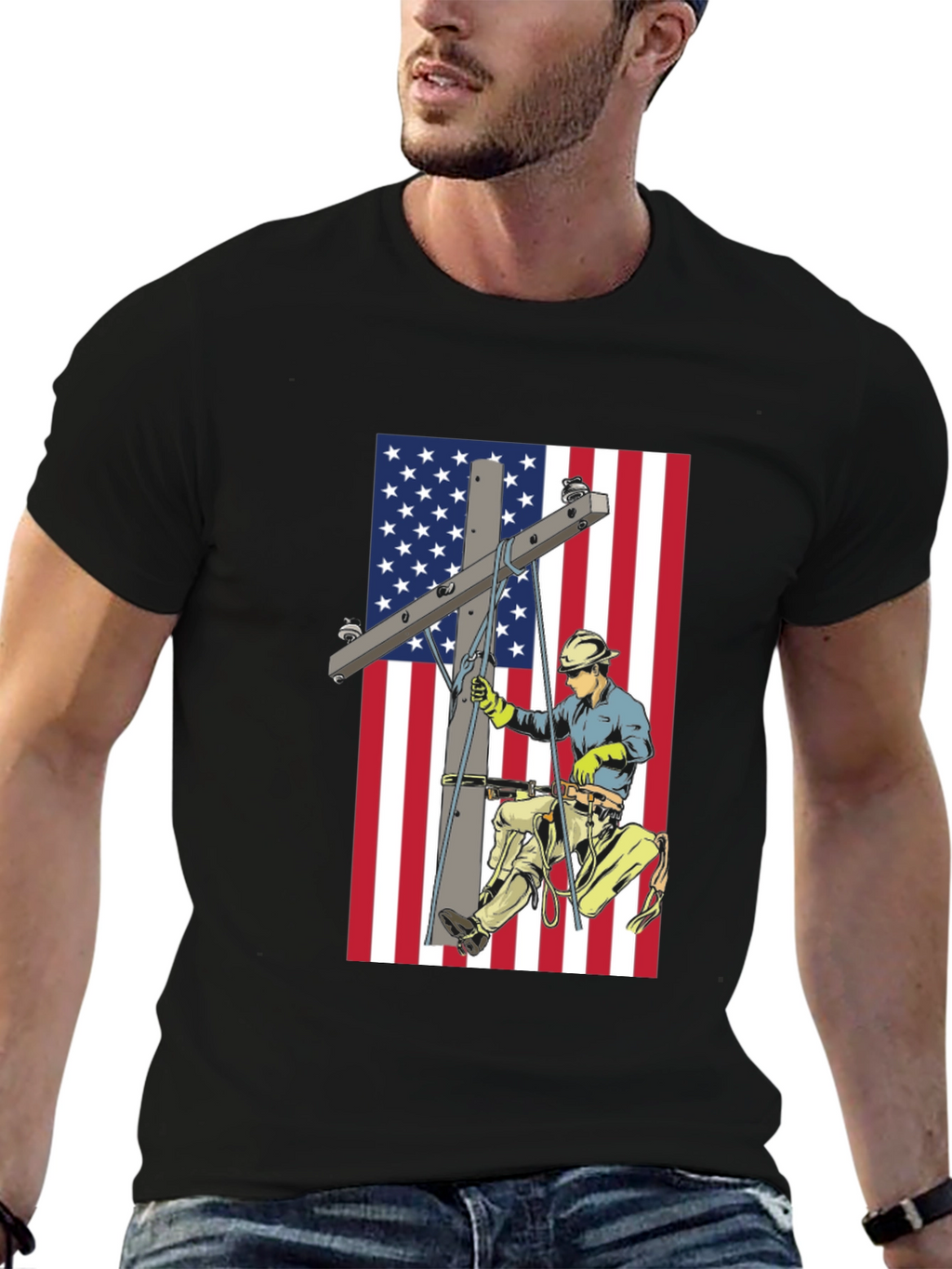 Electric Lineman American Flag Graphic T-Shirt